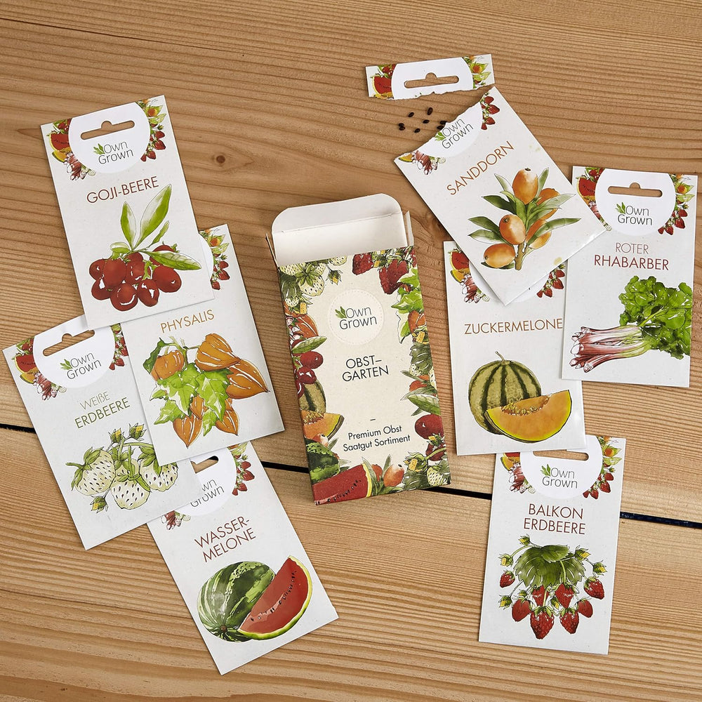 Set di semi di frutta: semi da giardino premium con 8 varietà di piante da frutto per giardino e balcone - Semi di anguria, semi di fragola, uva spina, rabarbaro e altro ancora - Set regalo di semi di frutta di OwnGrown