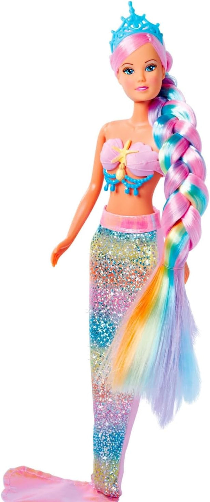 Simba 105733610 - Steffi Love Sirena Curcubeu, păpușă de modă sub formă de sirenă curcubeu cu păr colorat, agrafe de păr, pieptene și aripioară detașabilă, păpușă de joacă 29 cm, de la 3 ani