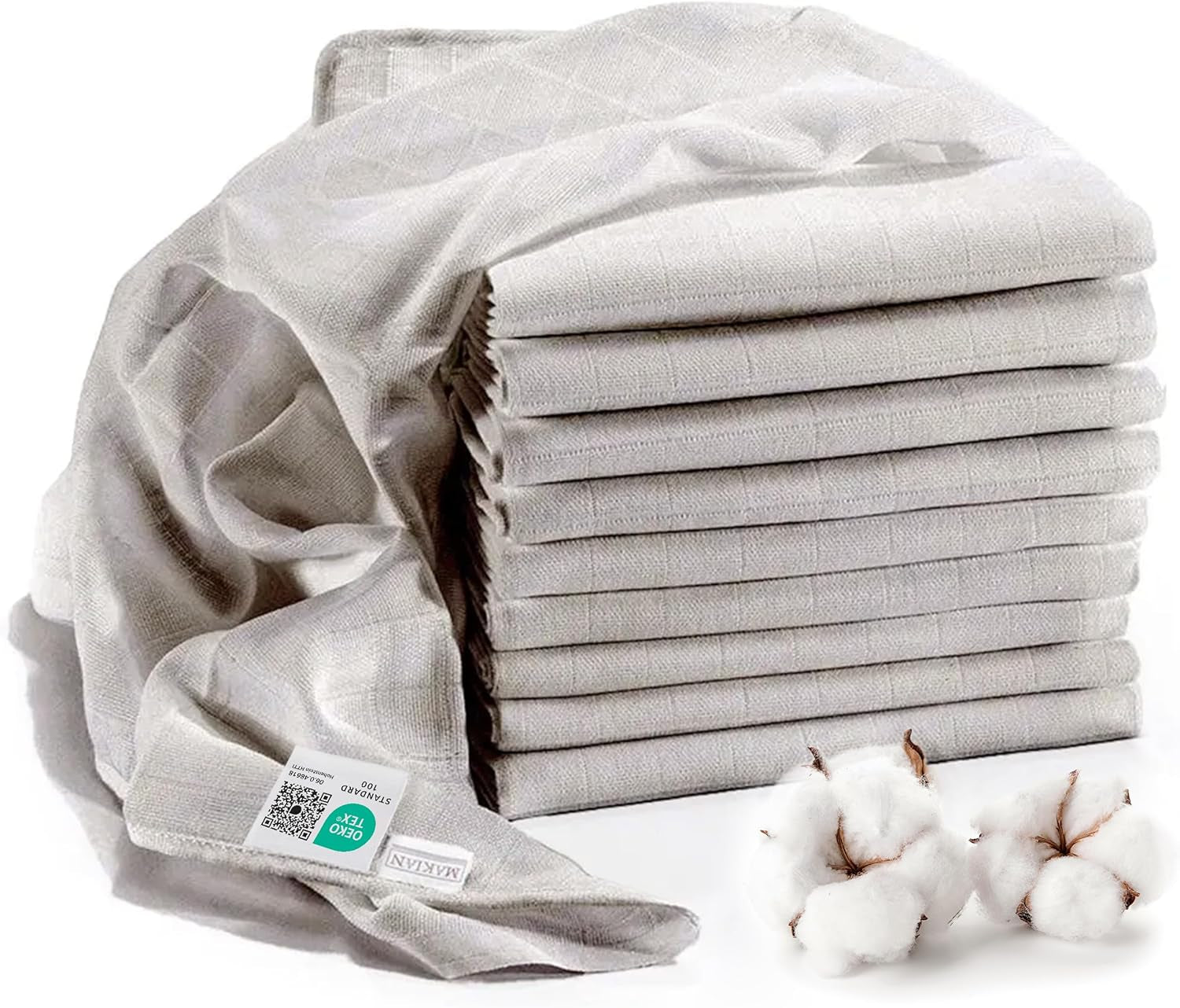 MAKIAN Quadrati di Mussola, Confezione da 10, 80x80 cm, Certificato Oeko-TEX® Standard 100, 10 Panni Antirigurgito Premium - Quadrati di Stoffa a Tessuto Doppio/Quadretti di Mussola, Resistente alla Bollitura - Bianco