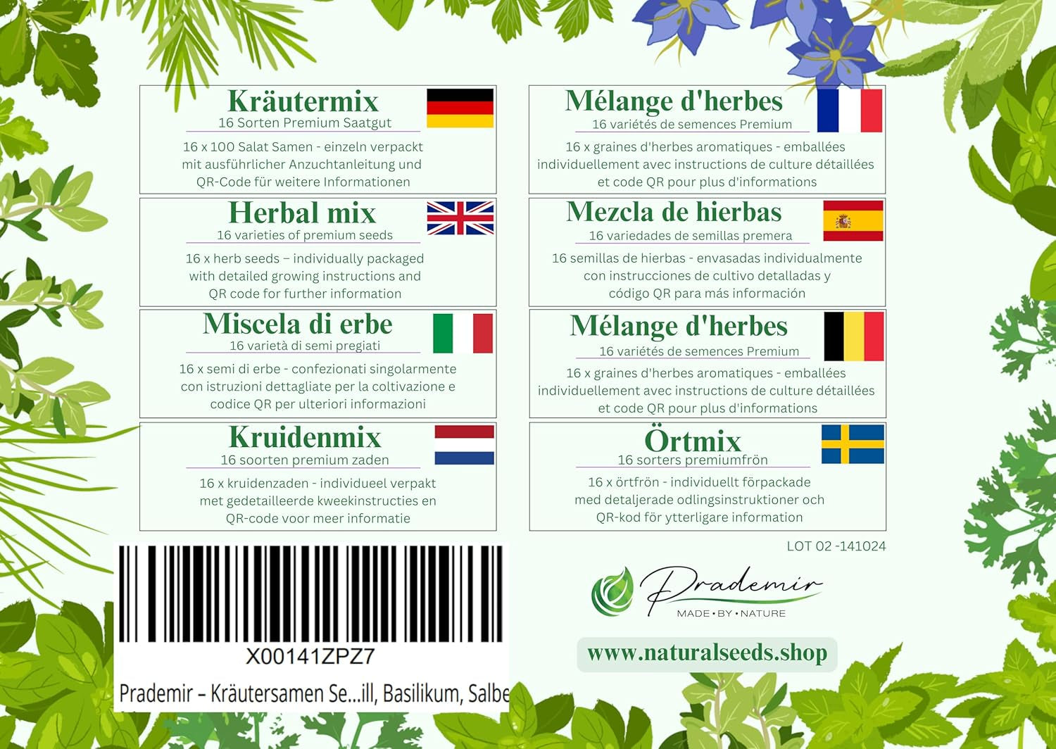 Prademir – Kräutersamen Set aus 16 beliebten Küchenkräutern – Kräuter Anzuchtset mit 100% Natursamen aus Portugal – Kräuter Saatgut aus Origano, Timo, Maggiorana, Rosmarino, Aneto, Basilico, Salvia uvm