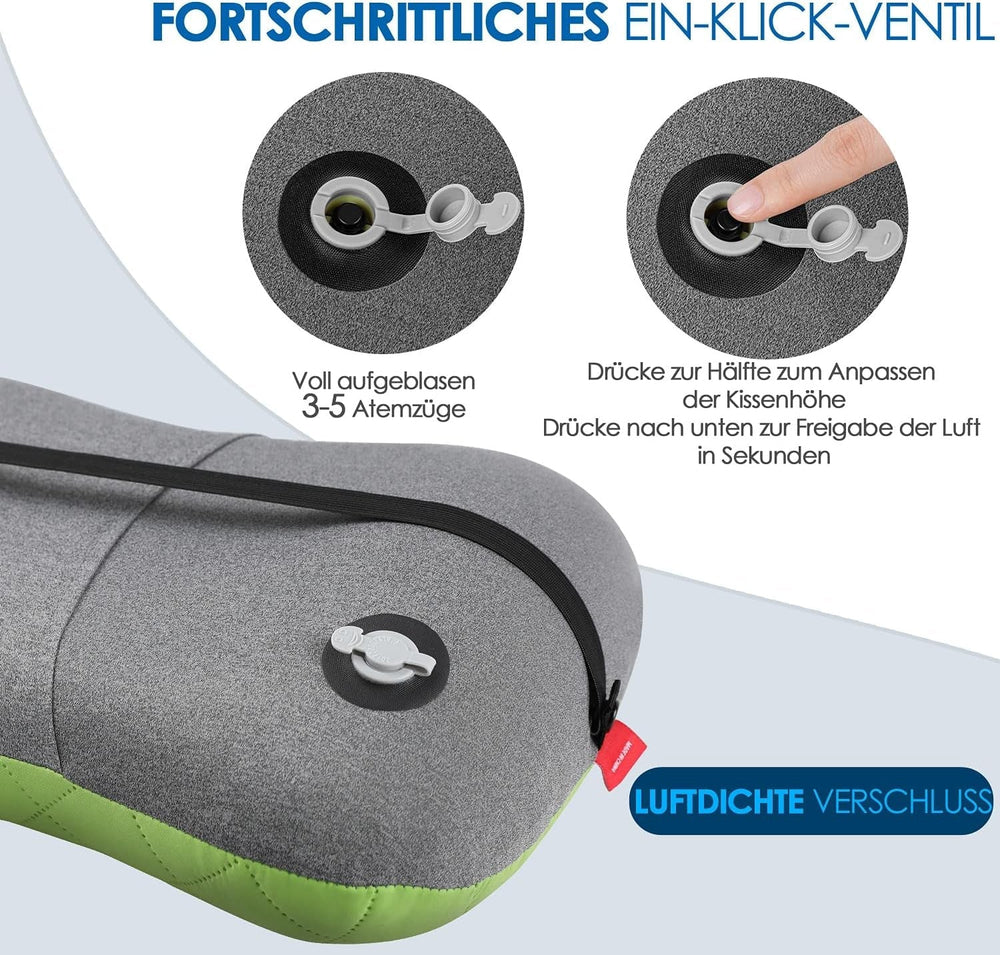 HIKENTURE Pernă gonflabilă de camping / călătorie cu față de pernă detașabilă, pernă ergonomică, pernă confortabilă pentru gât pentru călătorie / exterior, pernă gonflabilă de călătorie pentru gât (verde) ... Perne ortopedice cervicale Naty Shop