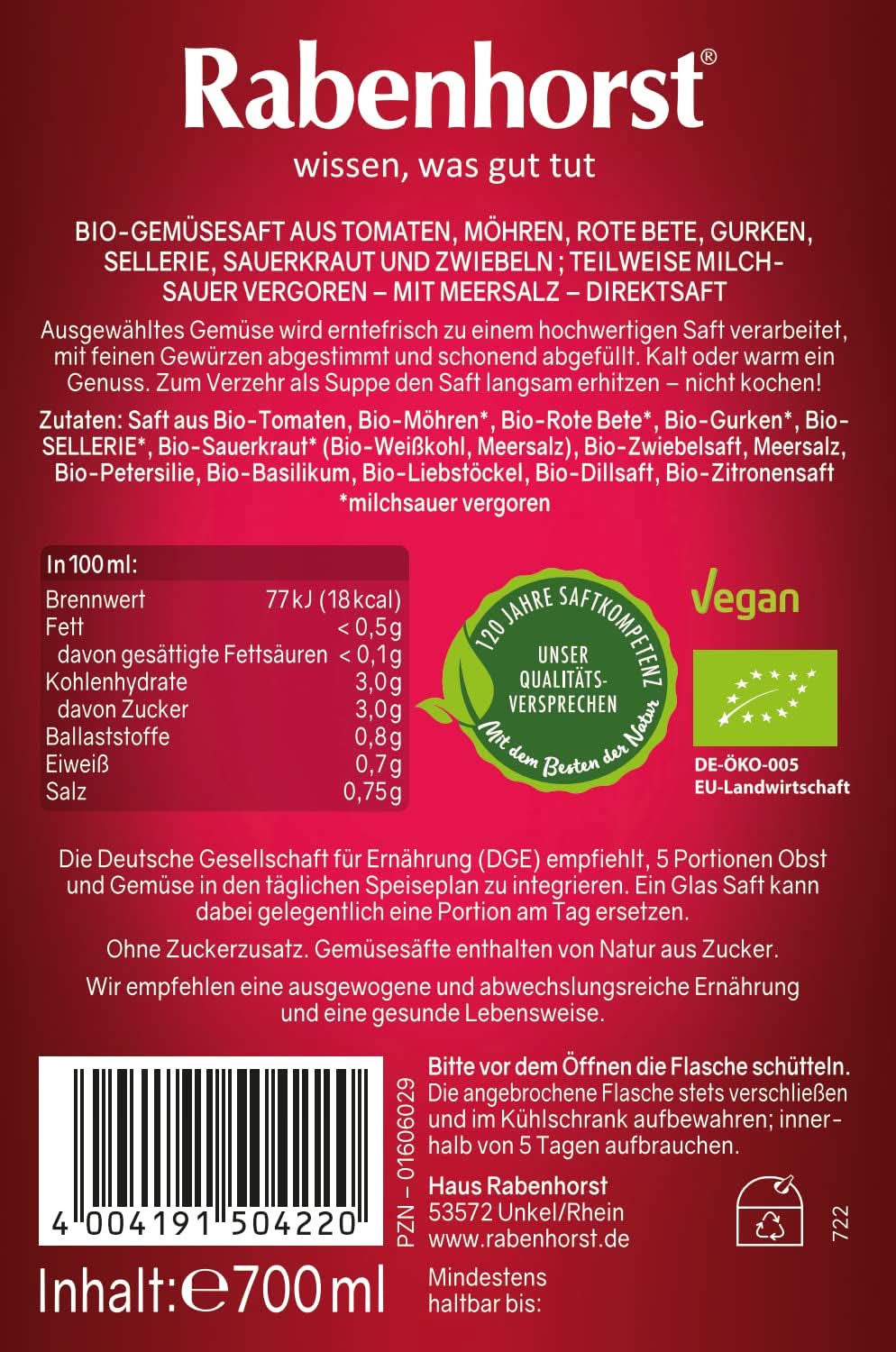 RABENHORST (6 X 700ml) - Succo di verdura di alta qualità da varie verdure Bevande analcoliche Naty Shop