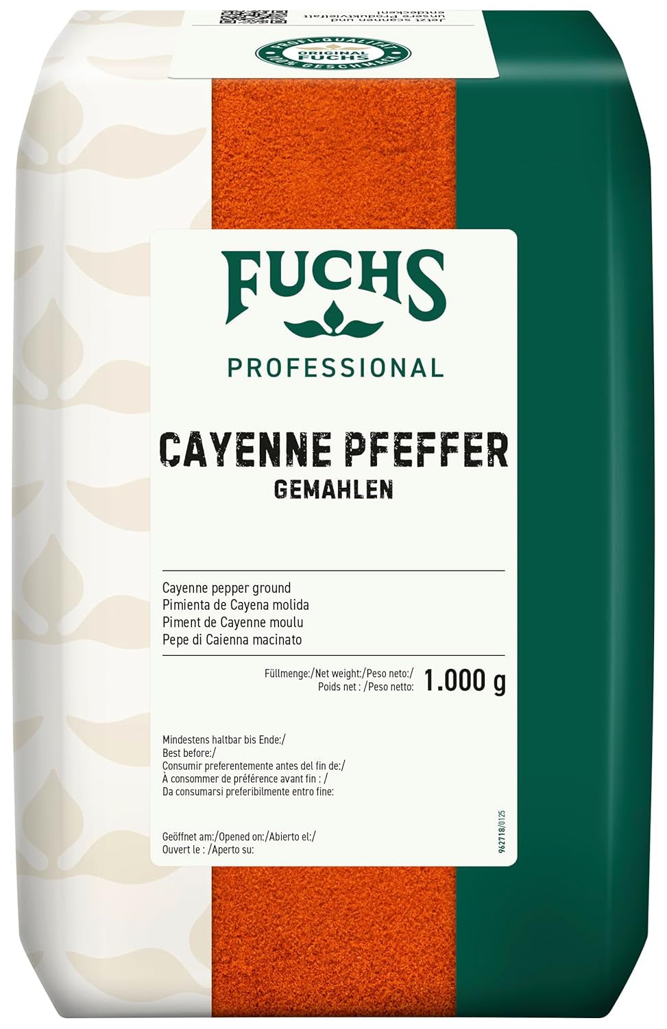 Fuchs Professional - Cayenne Pfeffer gemahlen | Scharfes Gewürz für Chili con Carne | Profi-Qualität für Großverbraucher und Gastronomie | Sacco riciclabile da 1 kg