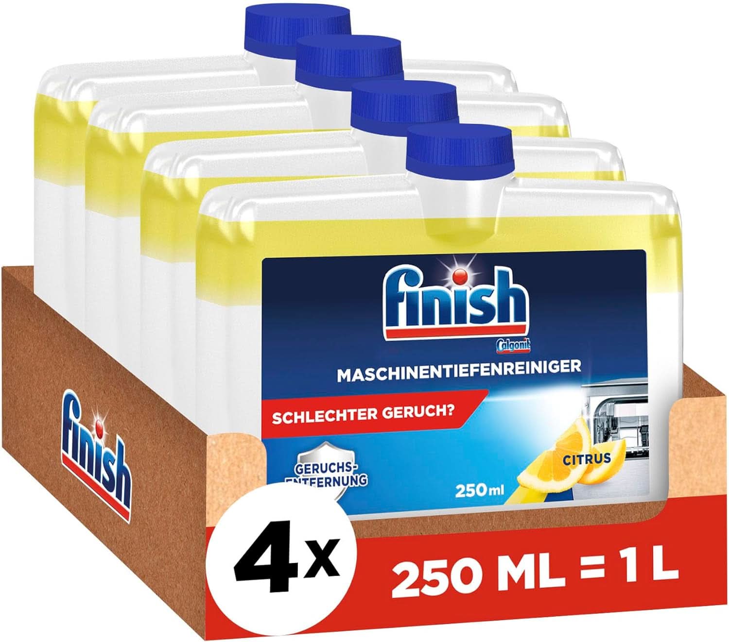 Finish Deep Machine Cleaner Citrus - detergent lichid pentru mașini împotriva calcarului și grăsimii pentru o mașină de spălat vase curată - pachet economic Naty Shop 4 x 250 ml Set
