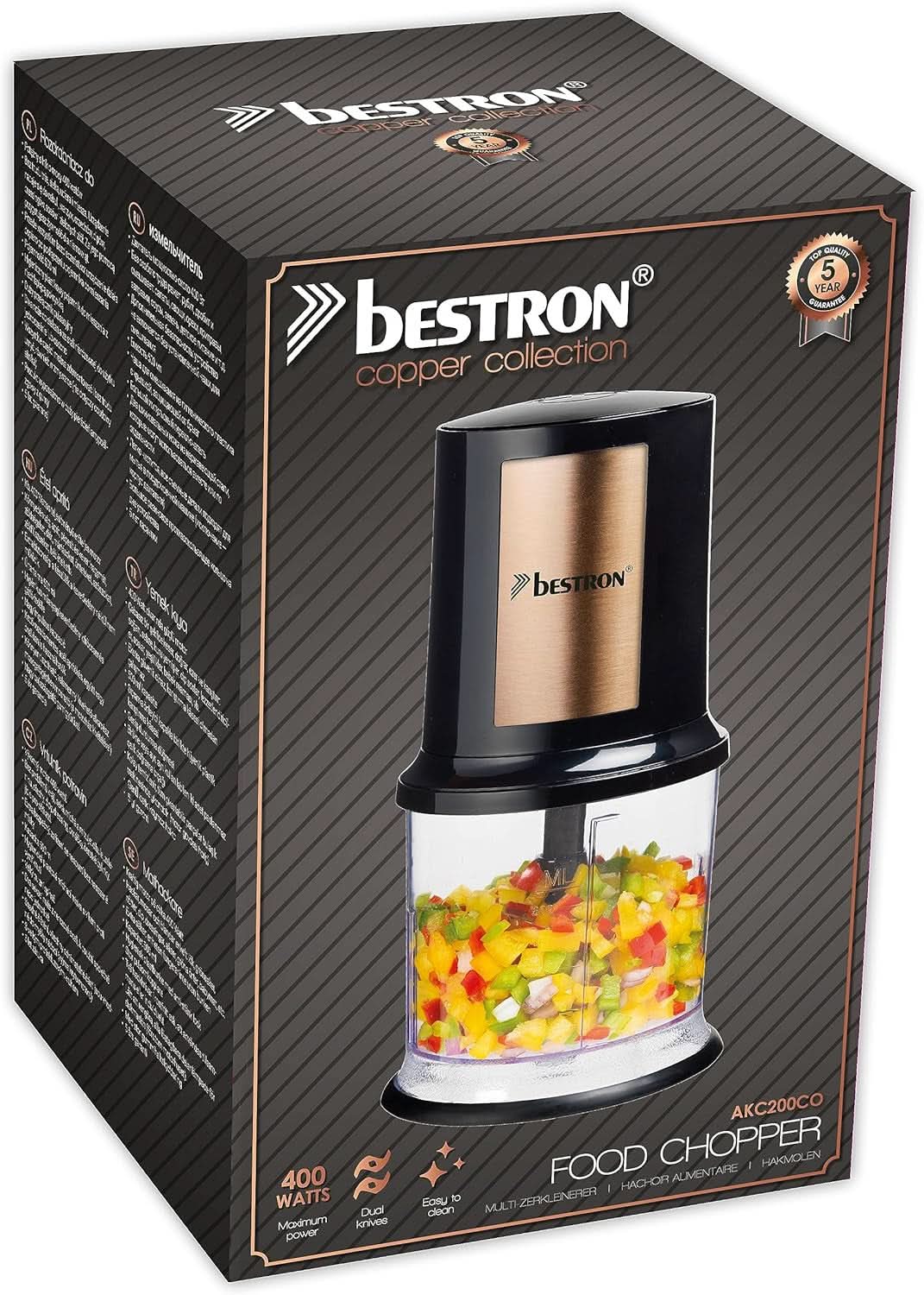 Bestron Elektrischer Multi-Zerkleinerer, Universalzerkleinerer Mit Zwei Schneidemessern & 500Ml Kapazität, Grosse Pulstaste, 400 Watt, Farbe: Kupfer Kitchen Naty Shop