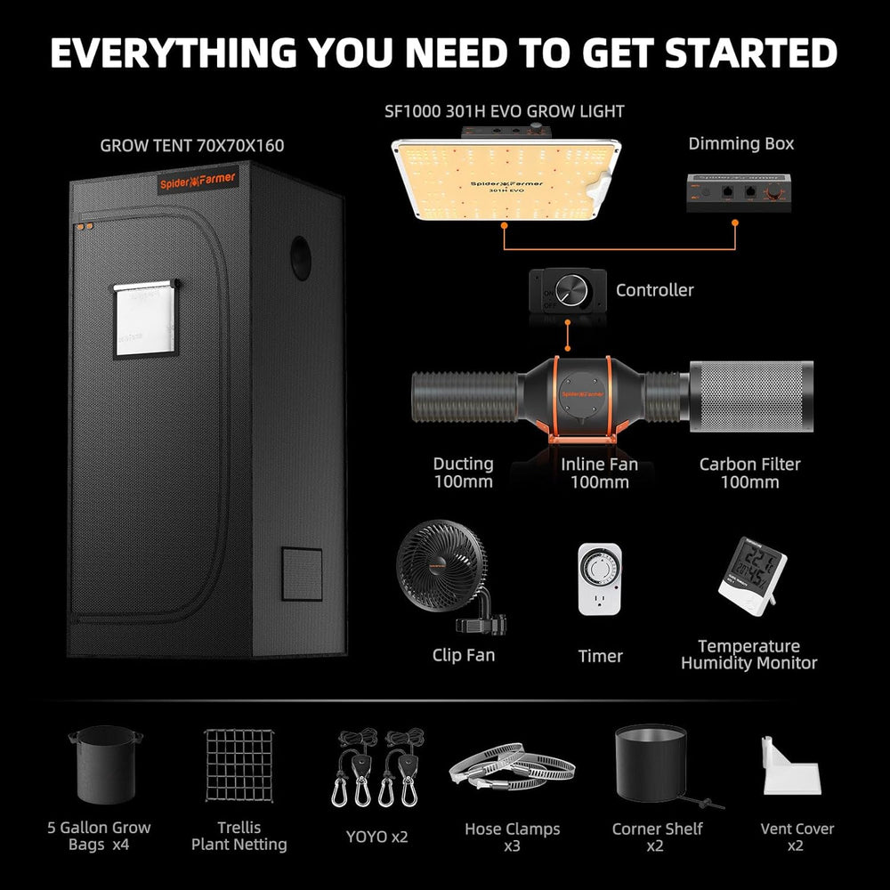 Lampada da coltivazione LED dimmerabile Spider Farmer SF1000 a spettro completo, diodo Samsung LM301H EVO, kit tenda da coltivazione completa 70x70x160 cm, set tenda da coltivazione idroponica, sistema di ventilazione