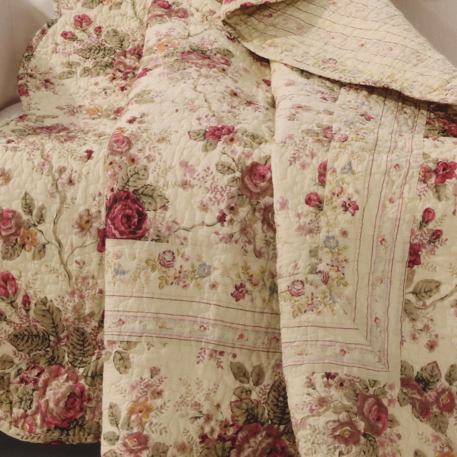 Greenland Home Antique Rose - model floral clasic, tradițional - 100% bumbac, matlasată, pătură de aruncat, 127 X 152,4 cm, ecru Paturi si Cuverturi Greenland Home Fashions