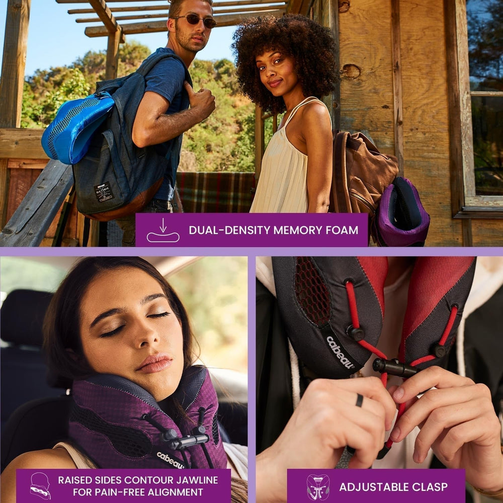 Pernă pentru gât Cabeau pentru călătorii cu zboruri lungi - Evolution Cool - Spumă de memorie de susținere cu deschideri de ventilație - Compact cu geantă de transport (Violet) Perne calatorie Naty Shop