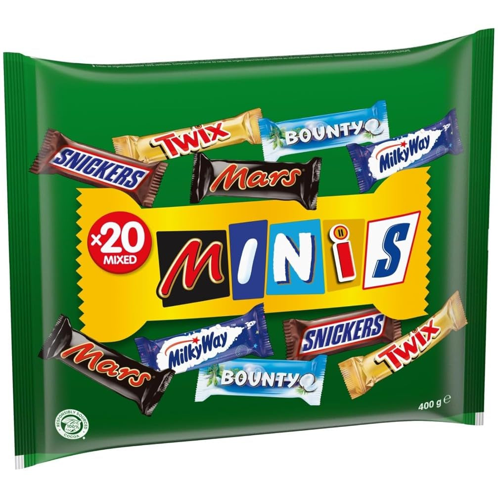 Confezione sfusa di mini cioccolato misto, 20 mini snack al cioccolato (Mars, Snickers, Bounty, Twix, Milky Way), come caramelle, regalo di cioccolato, scatola di caramelle, 400 g