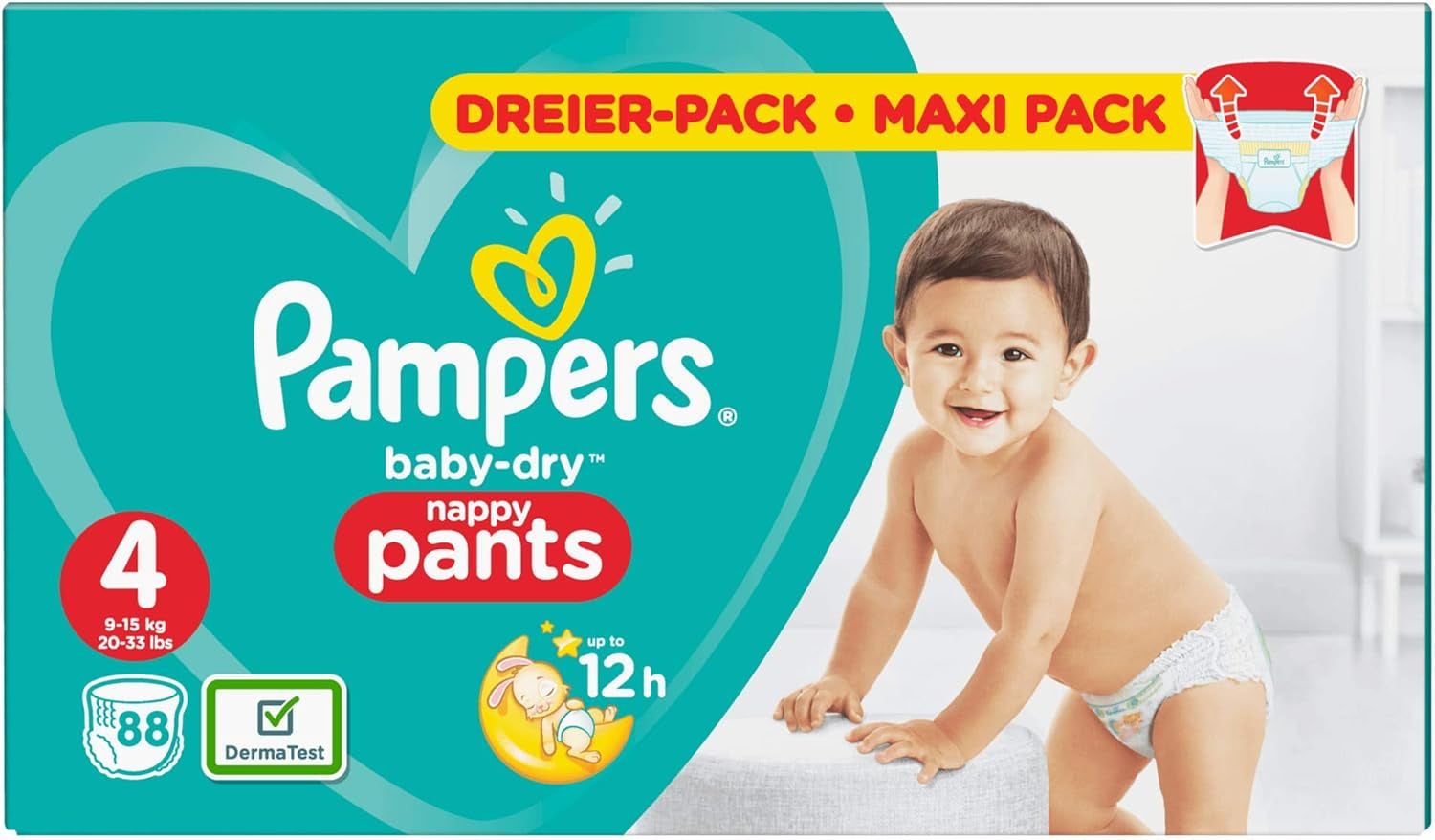 Pampers (vecchia versione), mutandine, taglia 4, 9 kg-15 kg, confezione da tre (1 x 88 pannolini)