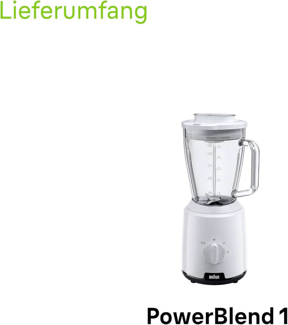 Braun Powerblend 1 JB1050WH - Robot da cucina con miscela di vetro da 1,5 L, Küchenhelfer Zum Zerkleinern, Pürieren & Mixen, Ice-Crush-Funktion, 2 Geschwindigkeiten, 600 Watt, Weiß Kitchen Naty Shop