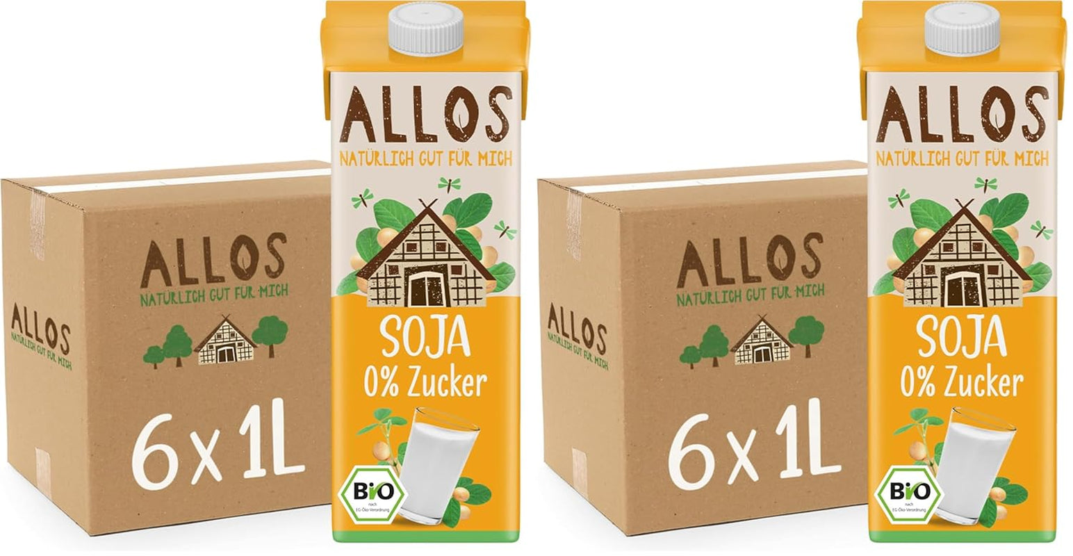Allos Bio Sojadrink ohne Zucker | Milchalternative aus Soja | Bevanda alla soia | Drink auf Pflanzenbasis | Bevanda vegana | ohne zugesetzten Zucker | vegano | senza lattosio | 1 litro (6 pezzi)