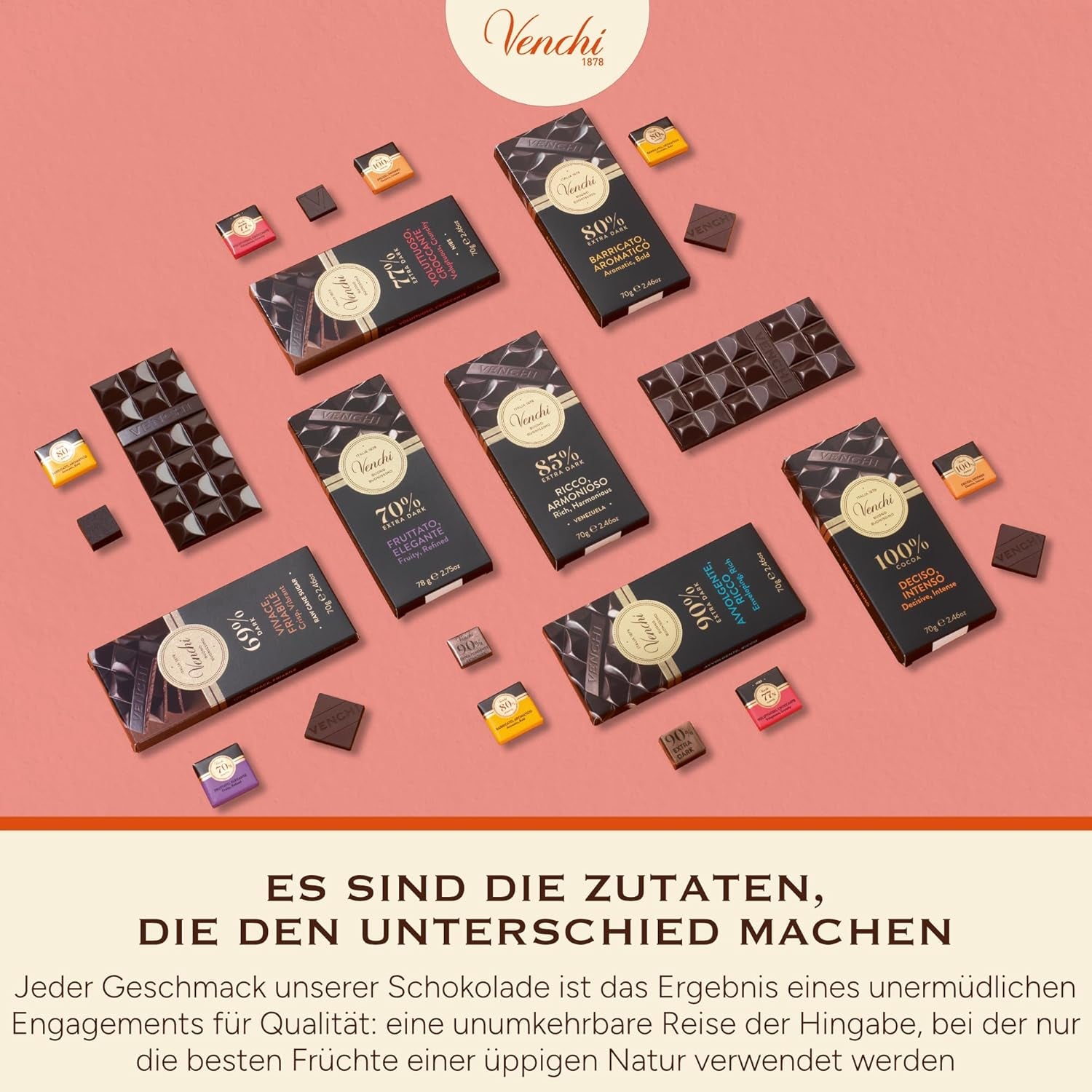 Venchi - Cioccolato fondente 70%, 78 g - Con miscele di cacao selezionate - Senza glutine - Vegan