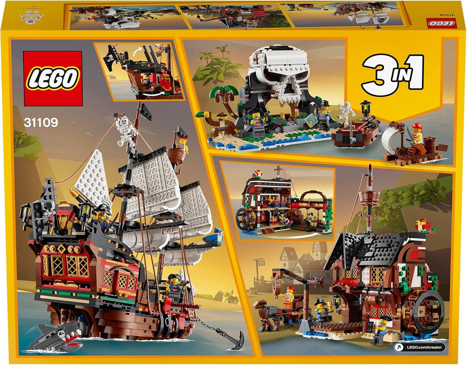 Set nave pirata 3-in-1 LEGO Creator, giocattolo con 3 opzioni di costruzione, costruisci una taverna dei pirati o un'isola dei pirati con teschi, include 3 minifigure di avventura di gioco di ruolo 31109 Set di costruzione Besuche den LEGO-Store