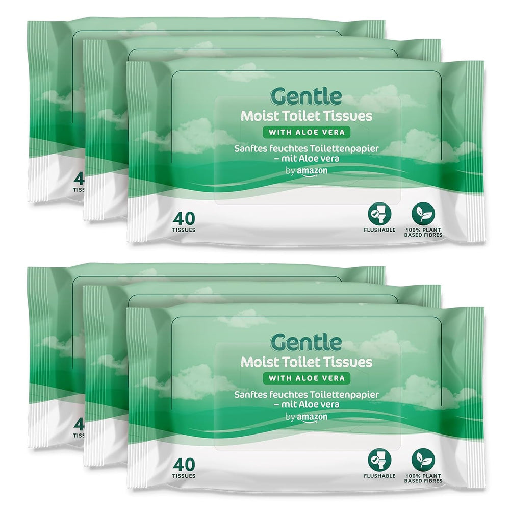 By Amazon Șervețele de toaletă moi, umede, fără miros, fine pentru a trage apa, neparfumate, 240 bucăți (6 pachete a câte 40 bucăți fiecare) (Fostul brand Presto!)