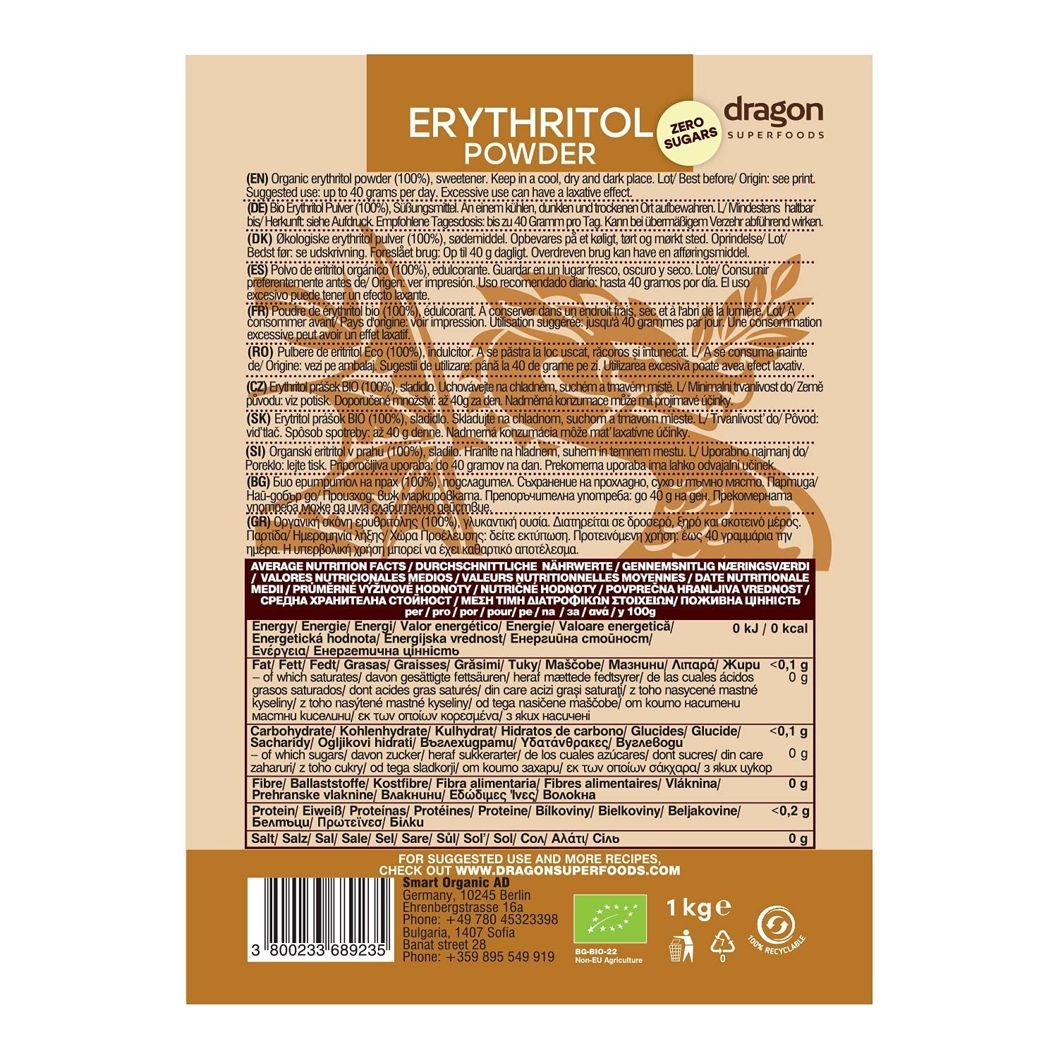 Bio Erythrit - Polvere, 100% Bio, Vegan, Null Kalorien-1Kg Dolcificanti Naty Shop