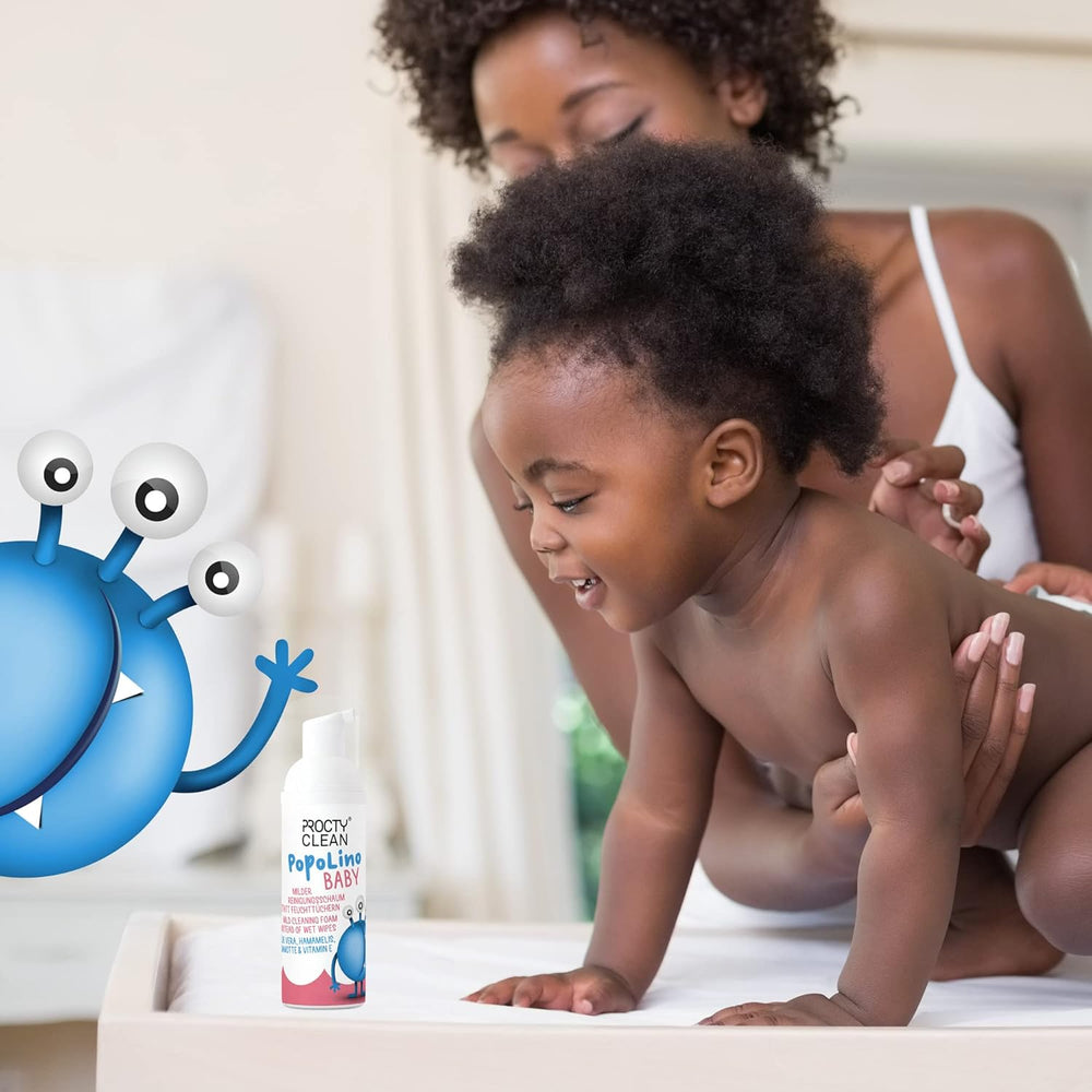 PopoLino Baby fondo morbido in schiuma al posto delle salviette umidificate. Schiuma detergente cosmetica vegana e naturale! Schiuma per i sederi con aloe vera, amamelide, bergamotto e vitamina E. Rende felici i sederi e l'ambiente.