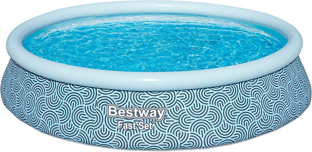 Set piscină supraterană Bestway Fast Set cu pompă de filtrare, Ø 396 x 84 cm, 7.340 litri, material TriTech cu 3 straturi, design grafic cu linii, autoasamblare, pompă de filtrare, cartuș de filtrare, plasture de reparare