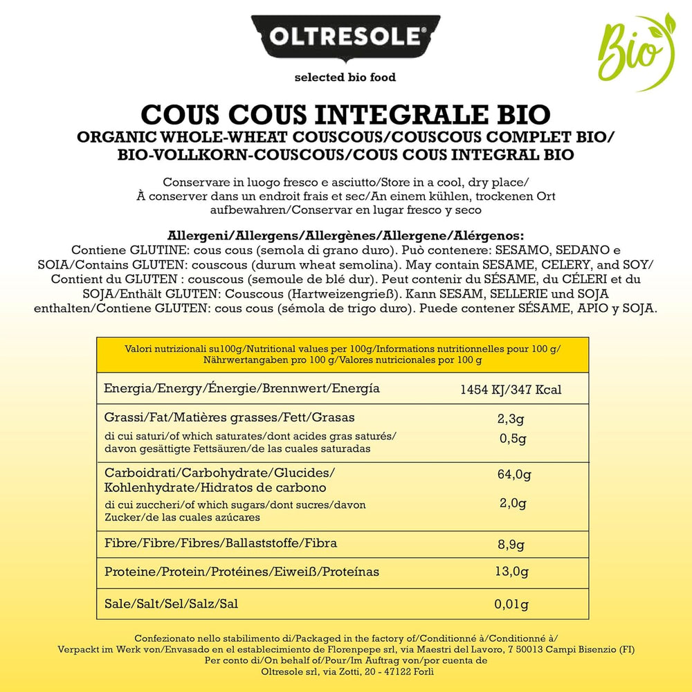 Cous cous integrale biologico kg 5, farina di grano duro integrale biologica, ideale per antipasti e contorni sani, formato conveniente