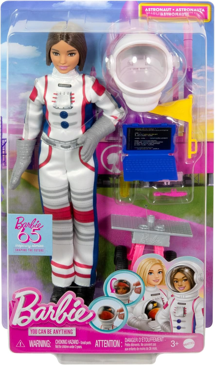 Barbie 65th Anniversary Doll și 10 accesorii, set astronaut cu păpușă brunetă, Rover cu roți, cască spațială cu vizor personalizabil și multe altele, HRG45 Papusi Naty Shop