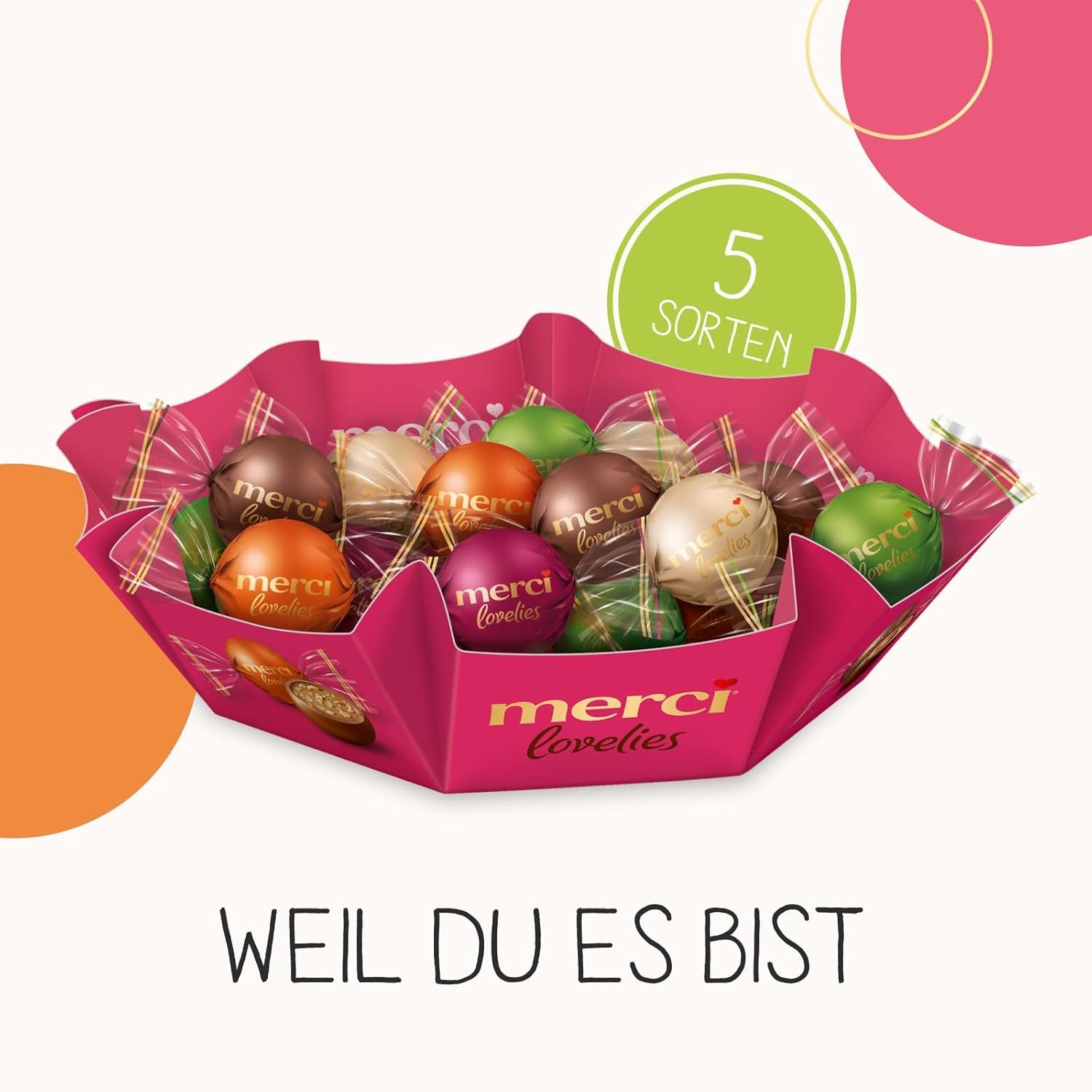 merci lovelies Classic – 1 x 185g – Scatola di praline con 5 specialità di cioccolato ripiene – Palline di cioccolato da condividere e regalare