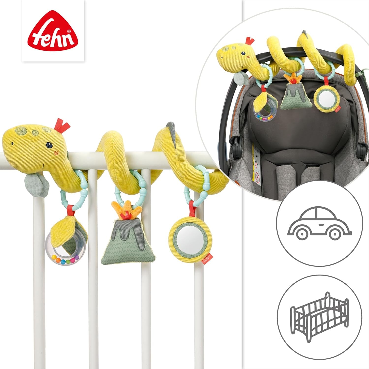 Fehn Activity Spiral Dino - jucărie de cărucior pentru pipăit și prindere - jucărie dinozaur pentru copii pentru pat, loc de joacă, cărucior pentru sugari și scaun auto - jucărie de activitate motorie pentru bebeluși și copii mici de la 0+ luni Jucarii Bebe Naty Shop