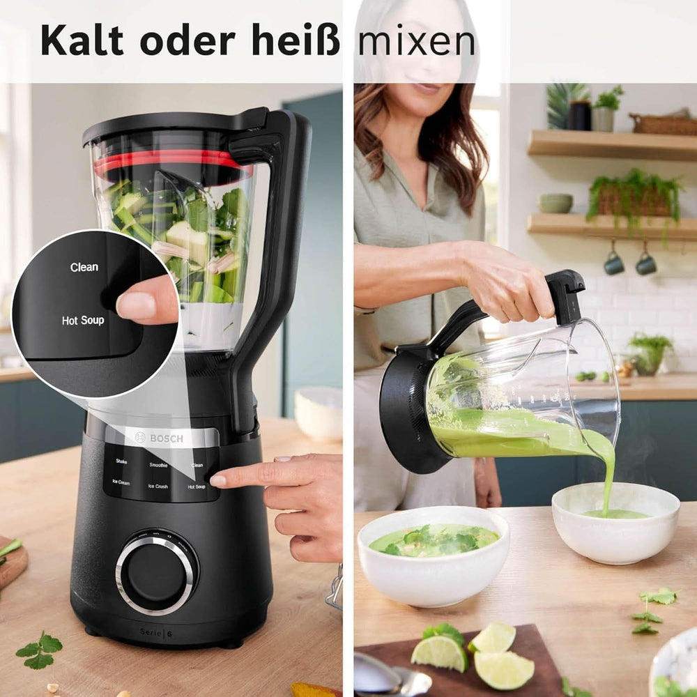 Robot da cucina ad alta velocità Vitapower Serie 6 MMBD665B1, 45.000 giri/min, 6 programmi Inkl Heiße Suppe & Reinigung, 2 L Mixbehälter, Stopfer, Spülmaschinenfeste Teile, Made in Europe, 1800W, Schwarz Kitchen Naty Shop