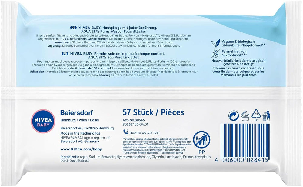 NIVEA Baby AQUA Feuchttücher, Baby Feuchttücher Zur Sanften Reinigung Empfindlicher Haut, Hypoallergene Und Parfümfreie Feuchttücher Für Babys Mit 99% Wasser (1 X 57 Stück) Servetele Umede Bebelusi Naty Shop