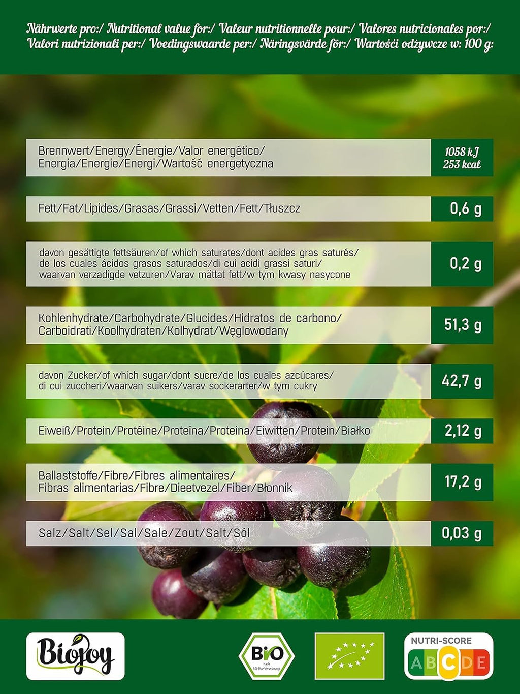 Biojoy fructe de aronia organice (1 kg), uscate și întregi (Aronia melanocarpa) Produse deshidratate Naty Shop