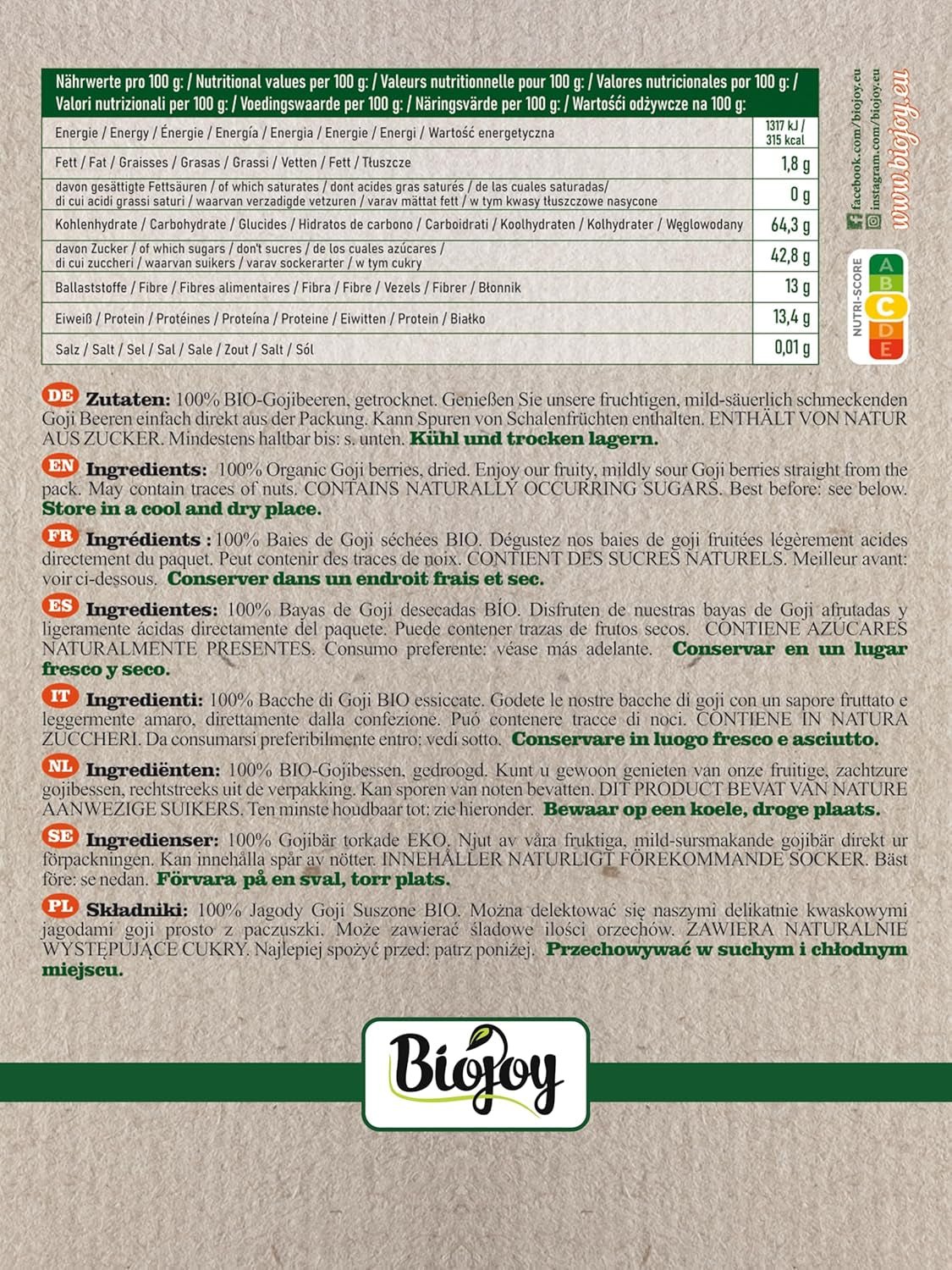 Biojoy fructe de goji bio uscate (1 kg), fructe de lup întregi și nesulfurate Produse deshidratate Naty Shop