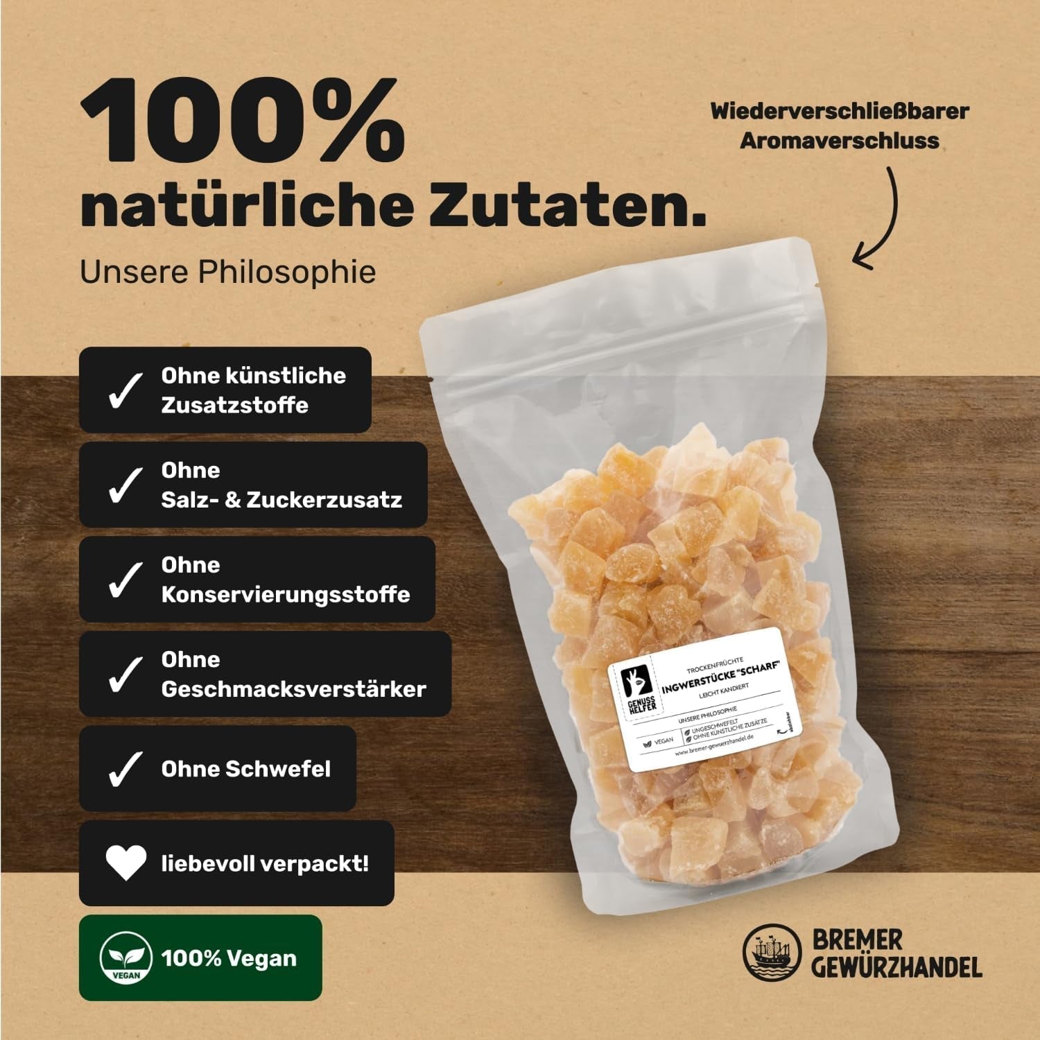 Bremer Gewürzhandel ghimbir, bucăți de fructe uscate condimentate, aromate, picante, nesulfurate, 1kg Produse deshidratate Naty Shop