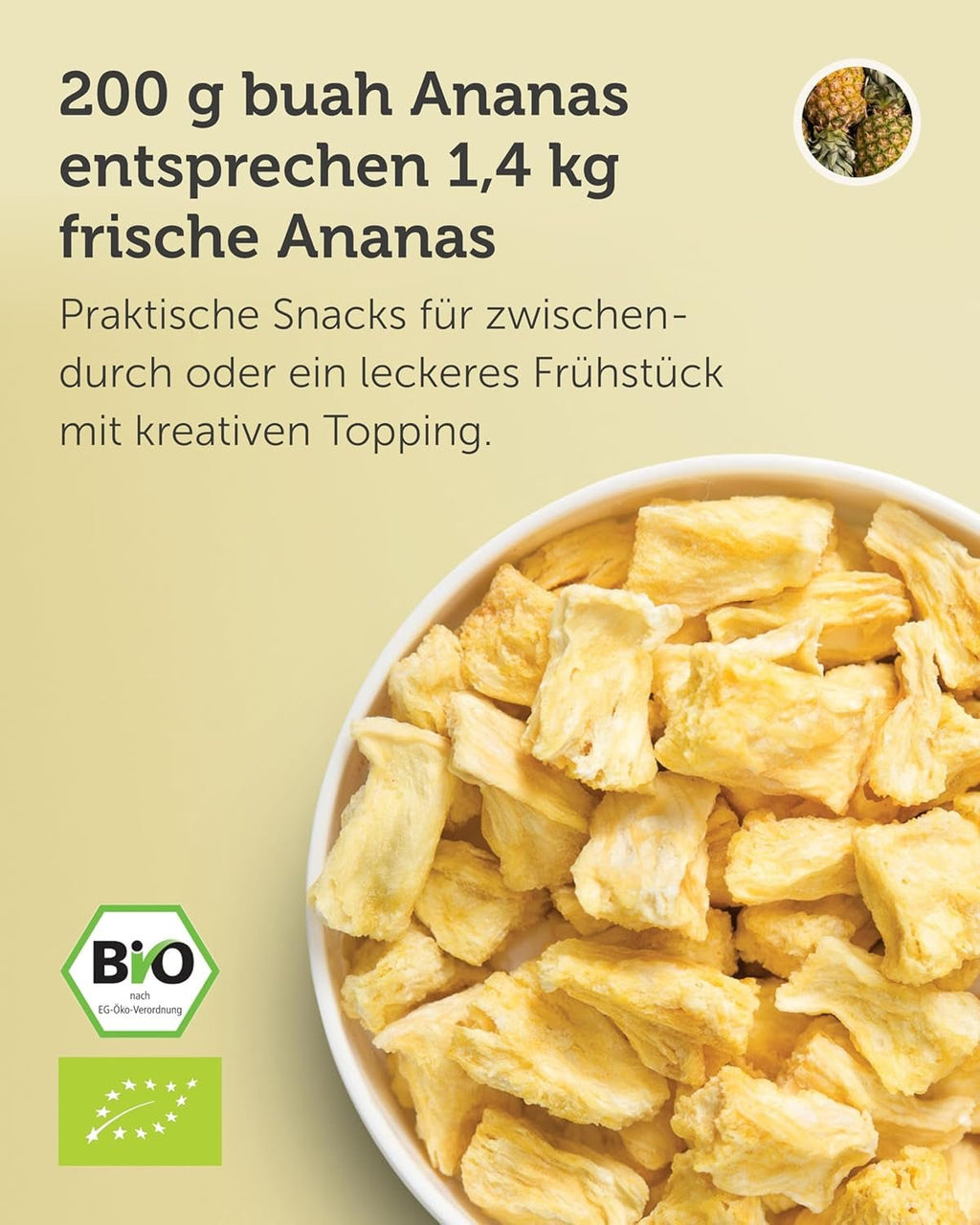 BUAH® Ananas liofilizat | Chipsuri cu ananas ca gustare sau pentru muesli și deserturi | Înlocuitor ideal pentru dulciuri | Vegan și fără zahăr adăugat | 100% fructe liofilizate | 200 g Produse deshidratate Naty Shop