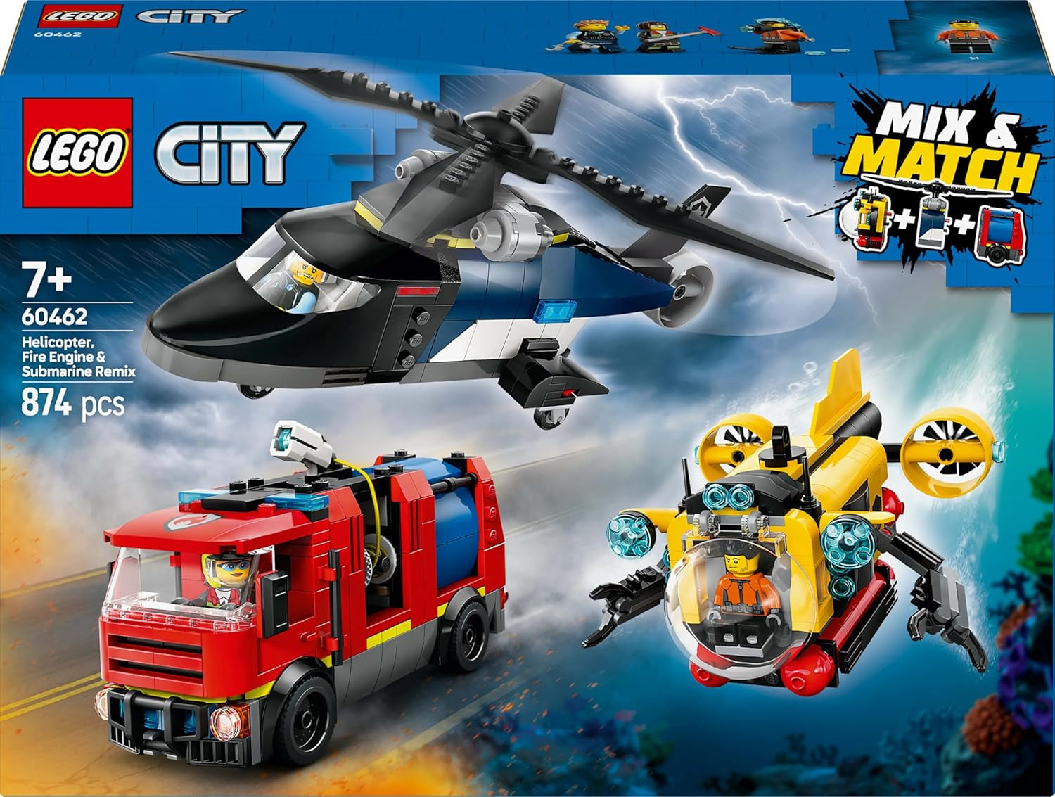 Set combinato LEGO City con elicottero, auto dei leoni e sottomarino e 3 minifigure - Veicoli giocattolo costruibili per ragazzi e ragazze a partire da 7 anni - Regalo di compleanno e vacanze 60462 Set di costruzione Besuche den LEGO-Store