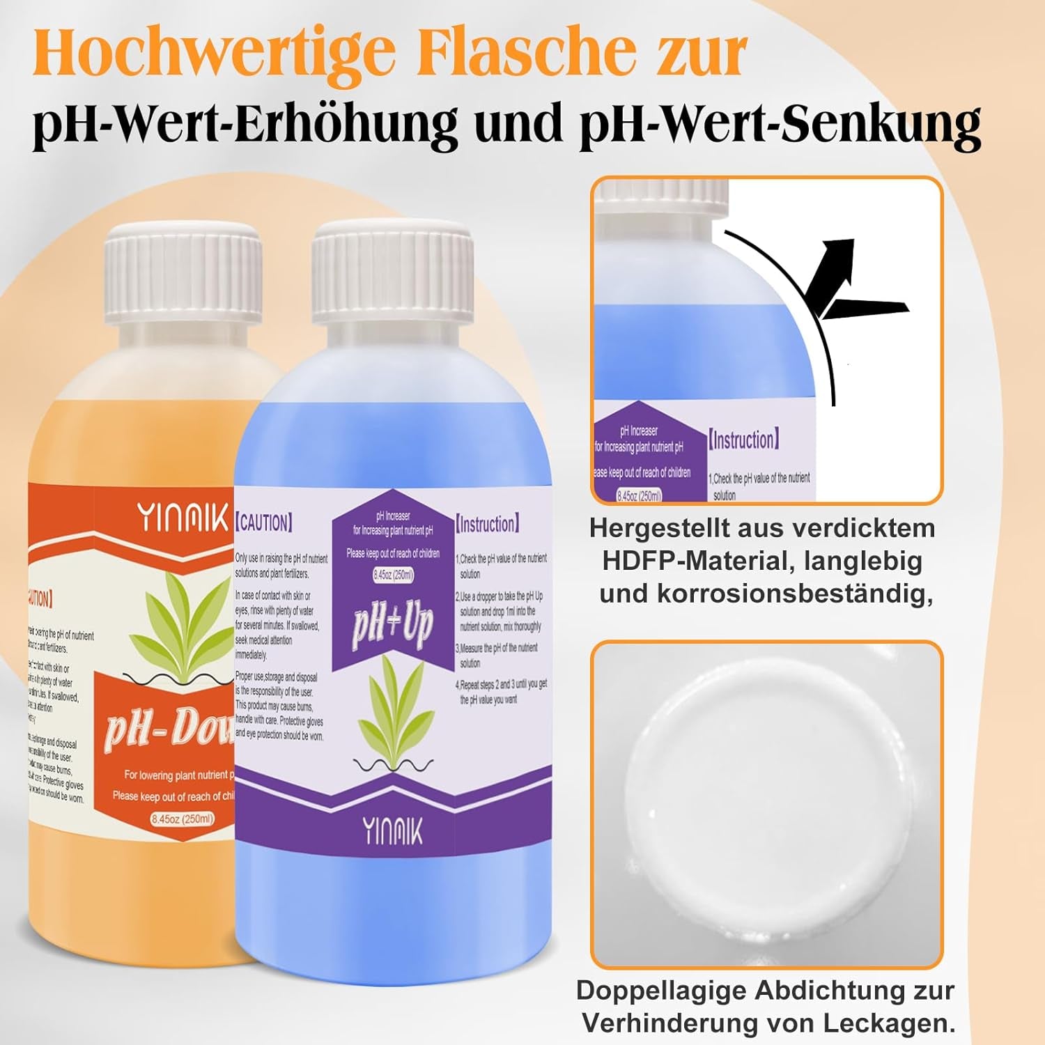 Regolatore di pH per coltura idroponica, liquido pH Up e pH Down, fluido regolatore di pH per abbassare o aumentare il valore del pH, tampone Premium 250 ml, adatto a tutti i sistemi idroponici (suolo e acqua)