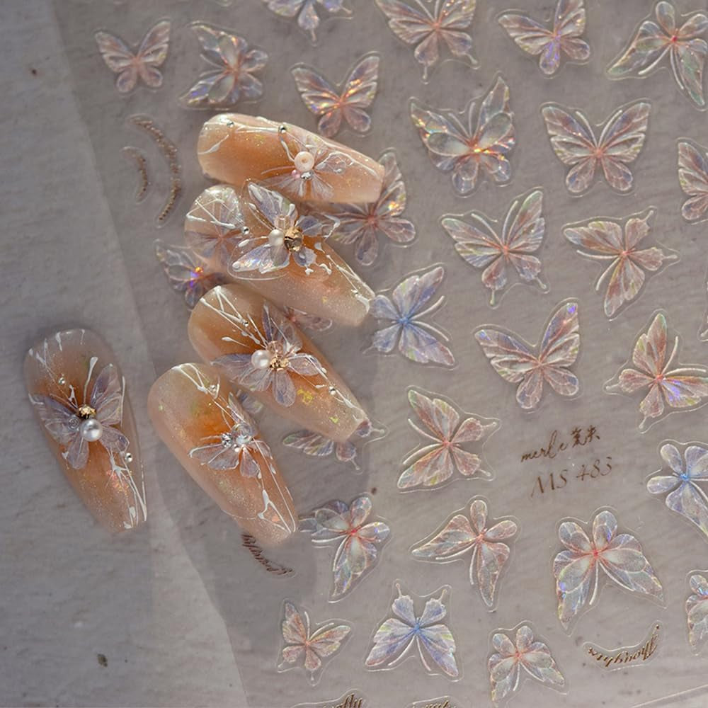 Glänzend Aurora Shell Schmetterling Nagelsticker Selbstklebend,Erleichterung Schmetterlinge Nail Sticker Rosa Laser Schmetterling Nagelaufkleber Für Frauen Nageldesign Zubehör Nagel Zubehör Nail Art