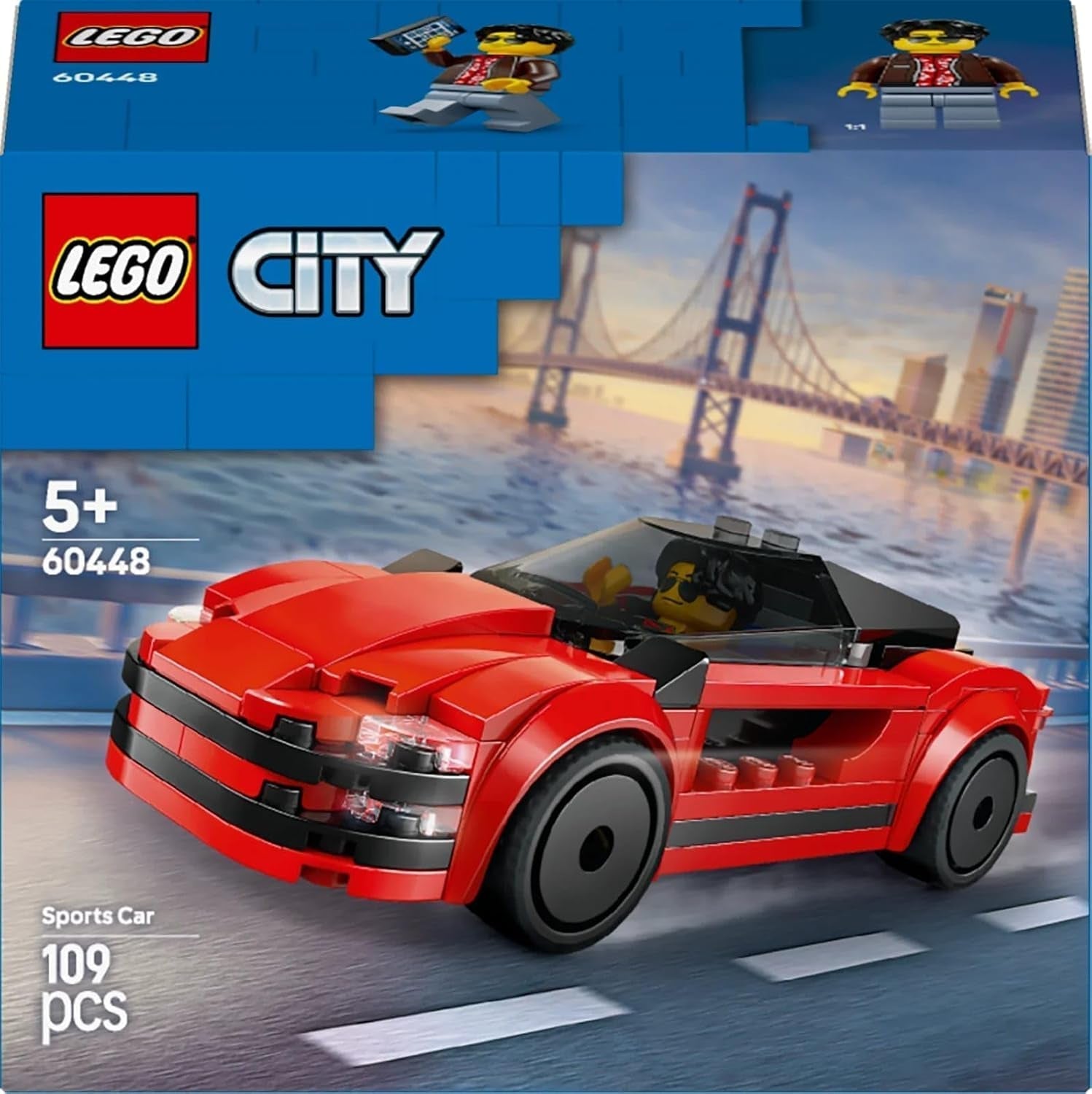 LEGO City Red Sports Car - Mașină de curse pentru băieți și fete de la 5 ani - Cadou de ziua ta sau pentru sărbători - Șofer minifigurină cu telefon mobil și kit de curățare 60448 Seturi de constructie Besuche den LEGO-Store