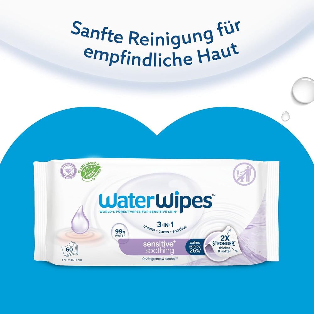 Șervețele umede WaterWipes Sensitive+ Soothing Clean, 720 bucăți (12 pachete), curățare, îngrijire și calmare 3 în 1, 99% apă cu extract de plante, șervețele umede pentru bebeluși fără parfum