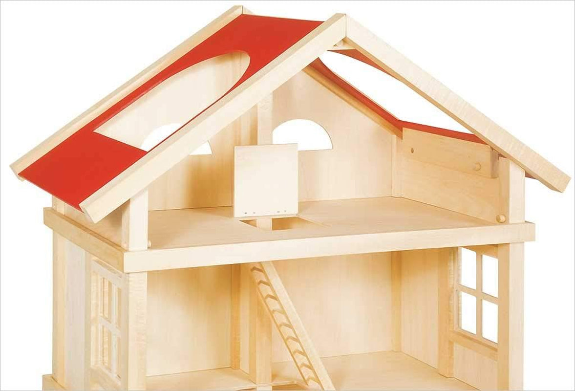 51957 Casă de păpuși din lemn, 65 x 35 x 87,5 cm – Casă de păpuși mare din lemn, 3 etaje, design deschis, acoperiș roșu, scări și balcon pentru jocuri de rol creative, lume de joacă tip casă de păpuși