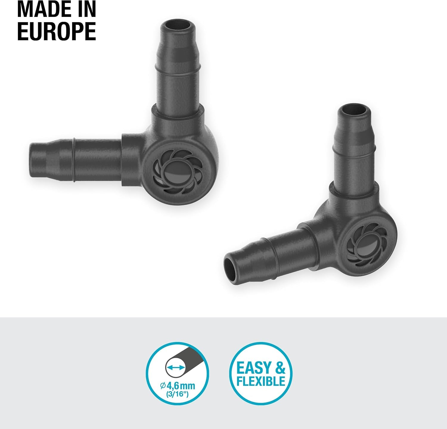 Piesă în L pentru sistemul de picurare Gardena Micro-Drip 4,6 mm (3/16 inch): Pentru schimbarea direcției de distribuție și a liniilor de picurare cu 90 de grade, instalare fără îndoiri, tehnologie de conectare ușoară și flexibilă (13212-20)