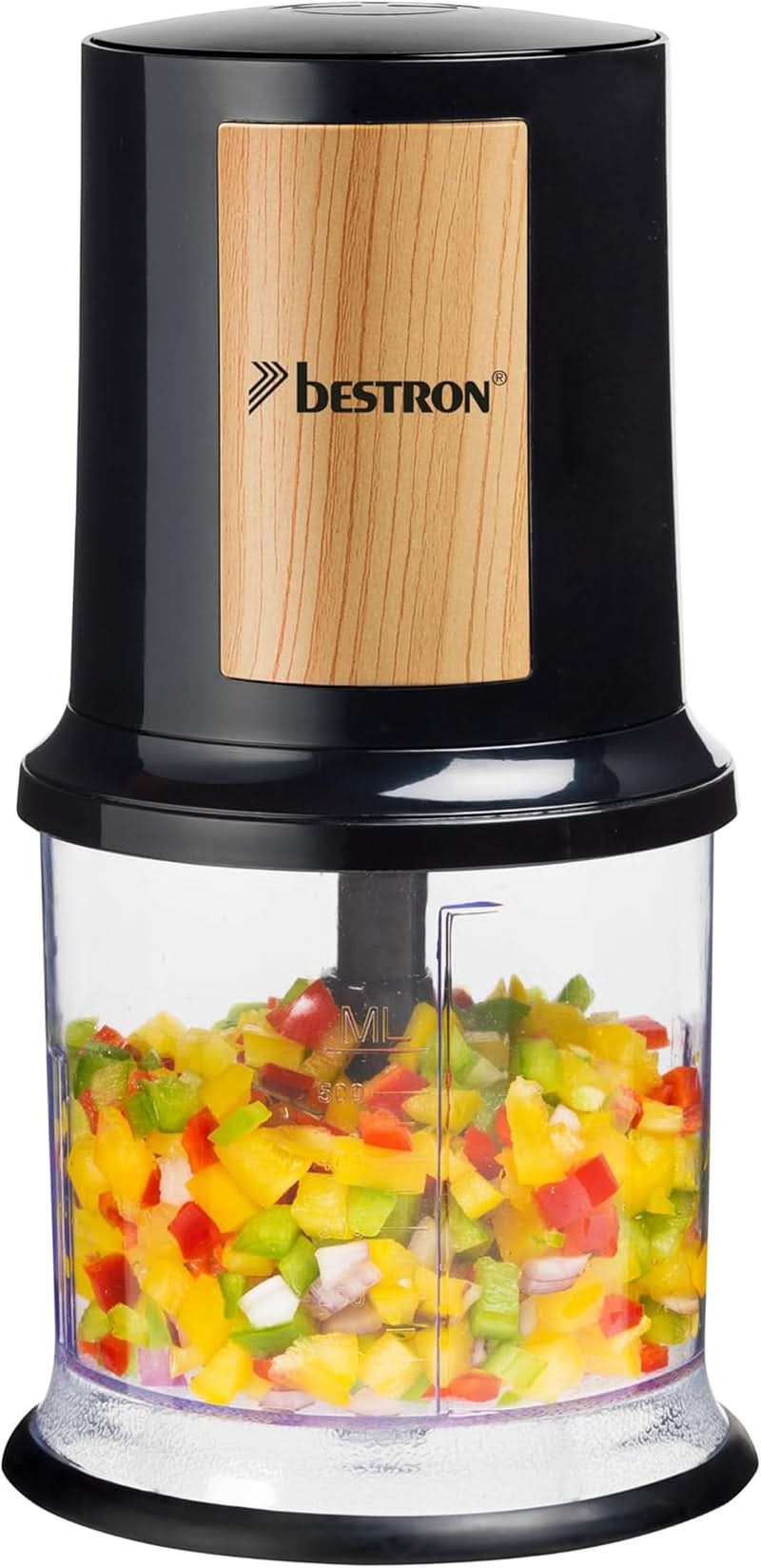 Bestron Elektrischer Multi-Zerkleinerer, Universalzerkleinerer Mit Zwei Schneidemessern & 500Ml Kapazität, Grosse Pulstaste, 400 Watt, Farbe: Kupfer Kitchen Naty Shop Schwarz/Holz