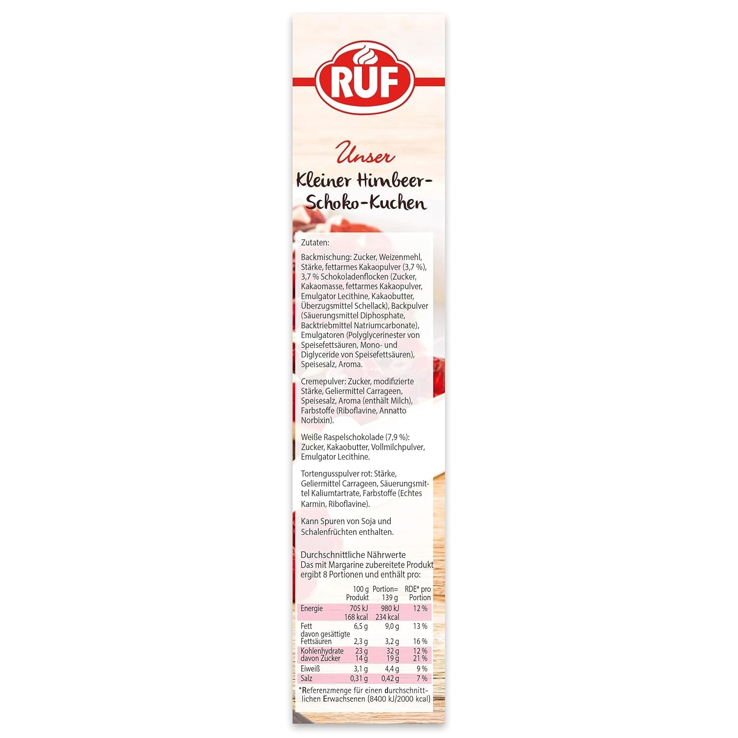 RUF Kleiner Himbeer-Schokokuchen, Mini-Kuchen Mit Feiner Puddingcreme, Himbeeren Und Weißen Schokoraspeln, Inkl. Backform, 1X252G Miscela per panificazione e cottura Naty Shop