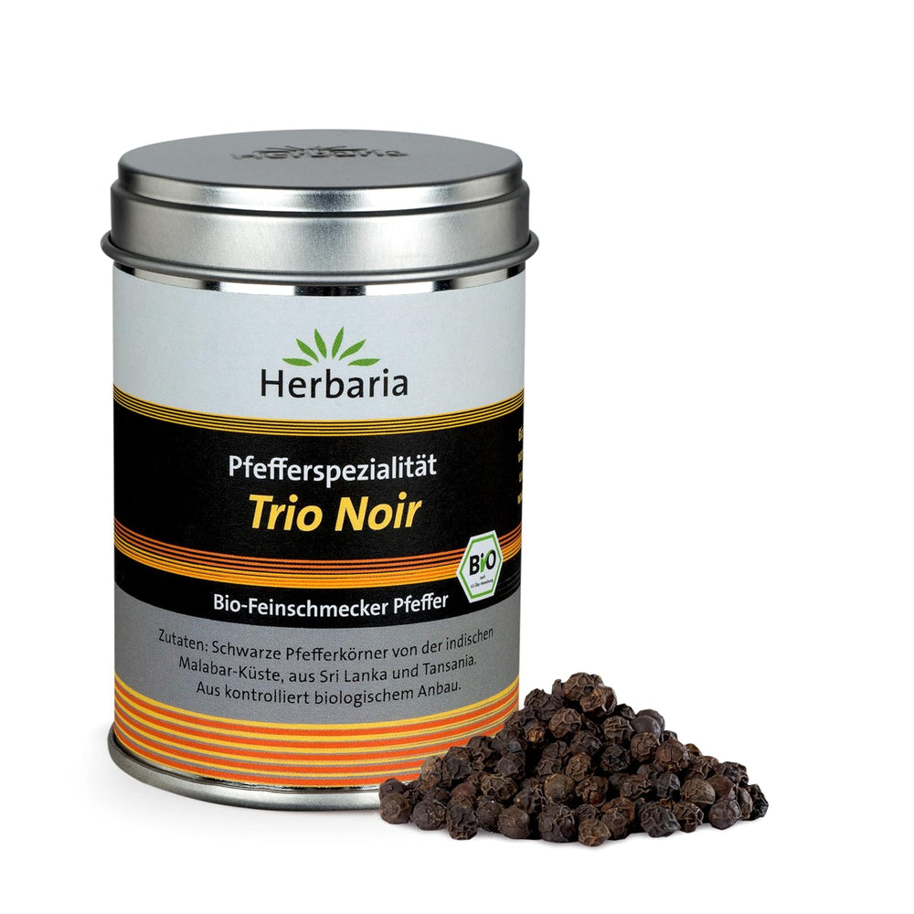 Herbaria Trio Noir bio 75g M-Dose – Bio Pfeffer schwarz ganz – ganze Pfefferbeeren – schwarze Pfeffermischung aus biologischem Anbau von drei verschiedenen Regionen - in nachhaltiger Aromaschutz-Dose