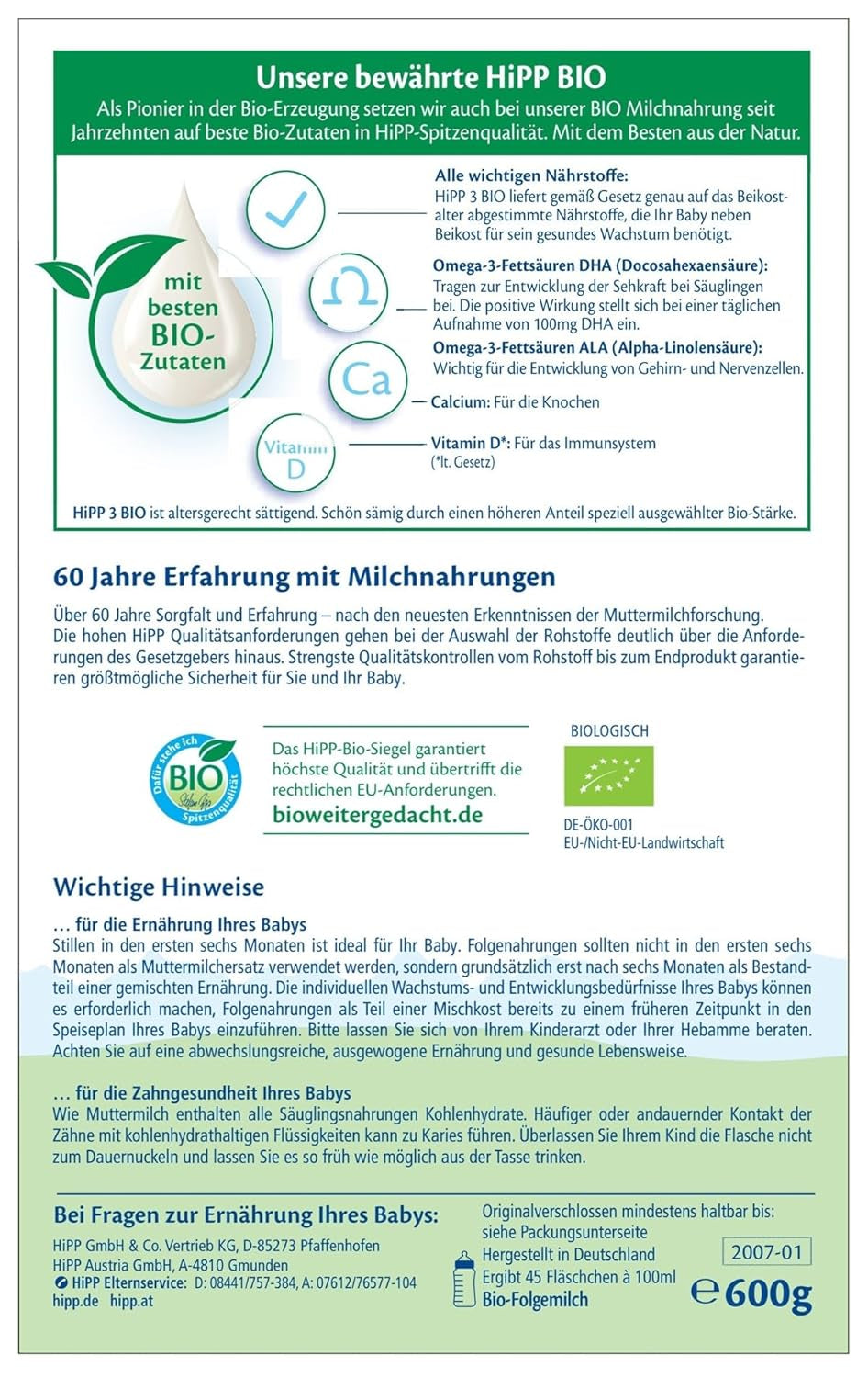 HiPP 3 Latte di proseguimento biologico (4 x 600 g) - dopo 10 mesi, con Omega-3 (DHA, ALA), Calcio, Vitamina D, della migliore qualità biologica