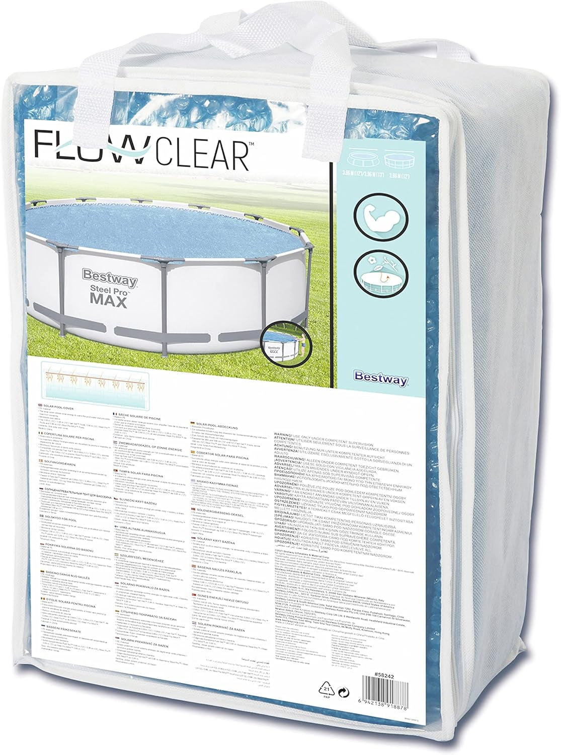 Copertura solare per piscina Bestway Flowclear, Ø 356 cm, per piscine rotonde fuori terra da 366 cm e 396 cm, Blu, 58242