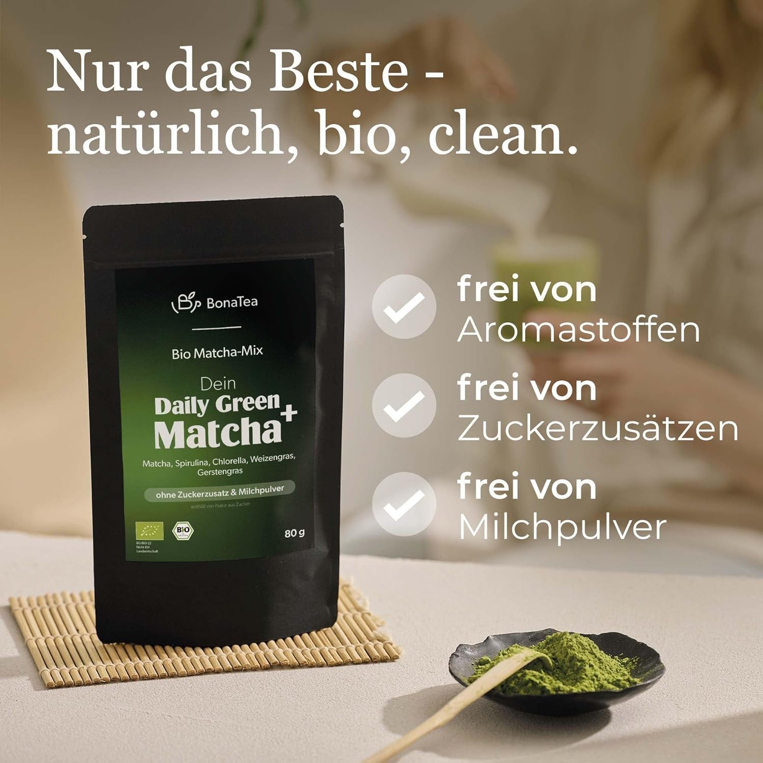 Bio Daily Green Matcha+, amestec de matcha cu spirulină, chlorella, iarbă de grâu, iarbă de orz și 60% matcha premium organic din Japonia, 80 g