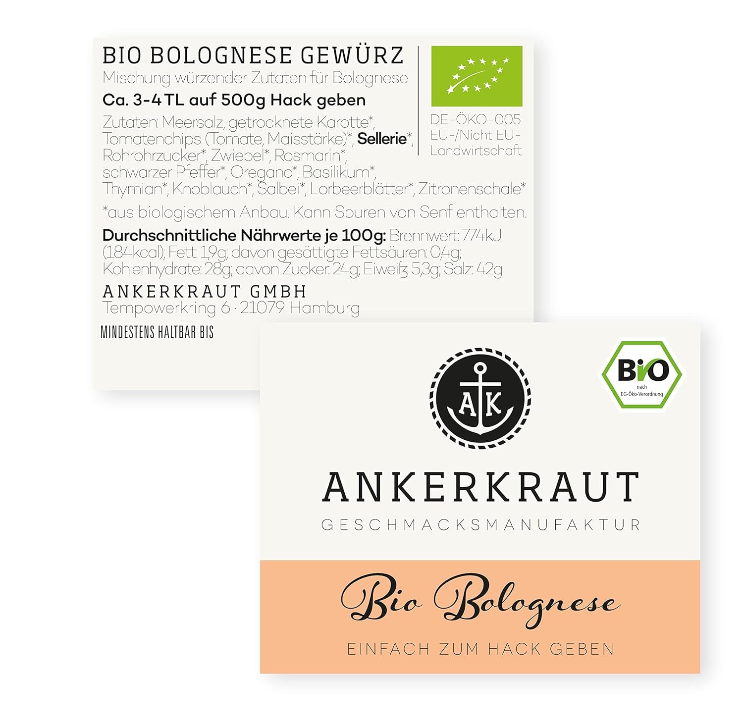 Ankerkraut Bio Bolognese Gewürz, Spaghetti und Pasta kochen, Lasagne selber machen, 90g im Korkenglas