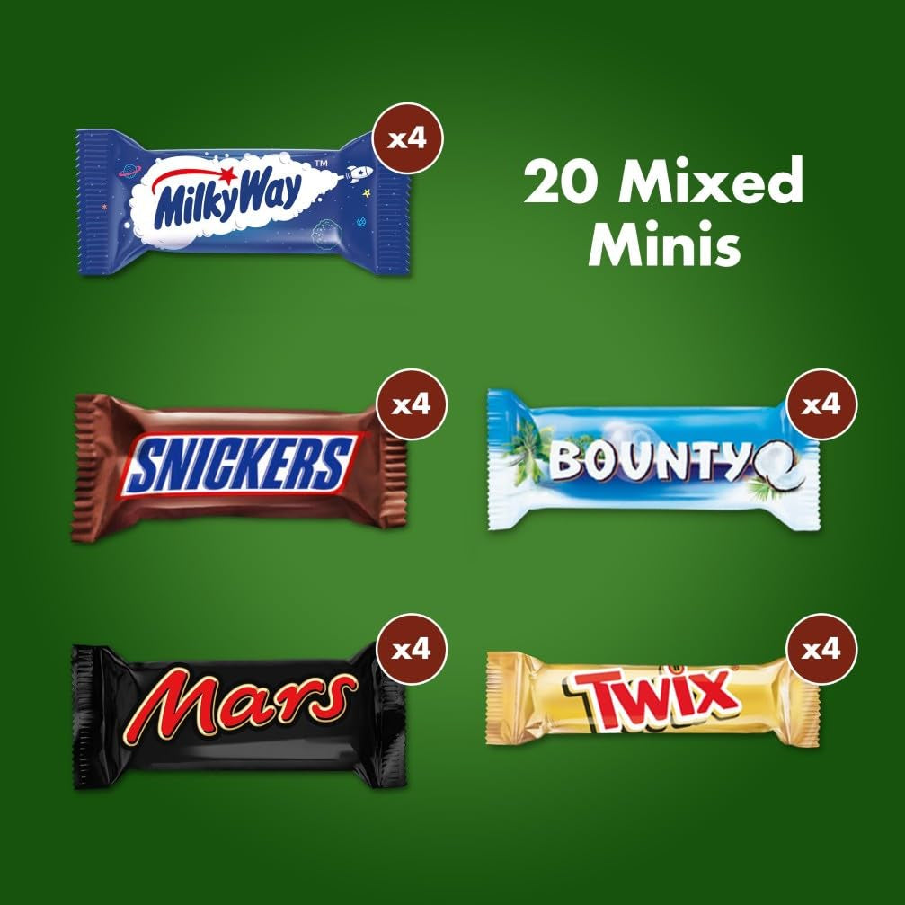 Confezione sfusa di mini cioccolato misto, 20 mini snack al cioccolato (Mars, Snickers, Bounty, Twix, Milky Way), come caramelle, regalo di cioccolato, scatola di caramelle, 400 g