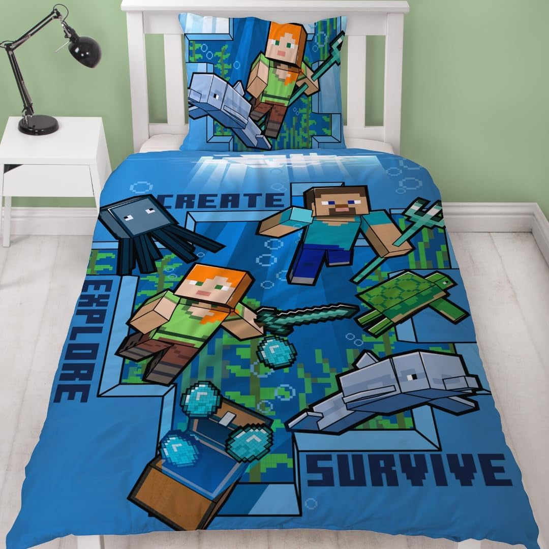 Minecraft Bettwäsche Kinderbettwäsche Jugendbettwäsche 135X200 · Unterwasserwelt · Wende Motiv · Kissenbezug 80X80 + Bettbezug 135X200 Cm · 100% Baumwolle · Deutsche Größe Naty Shop Titolo predefinito