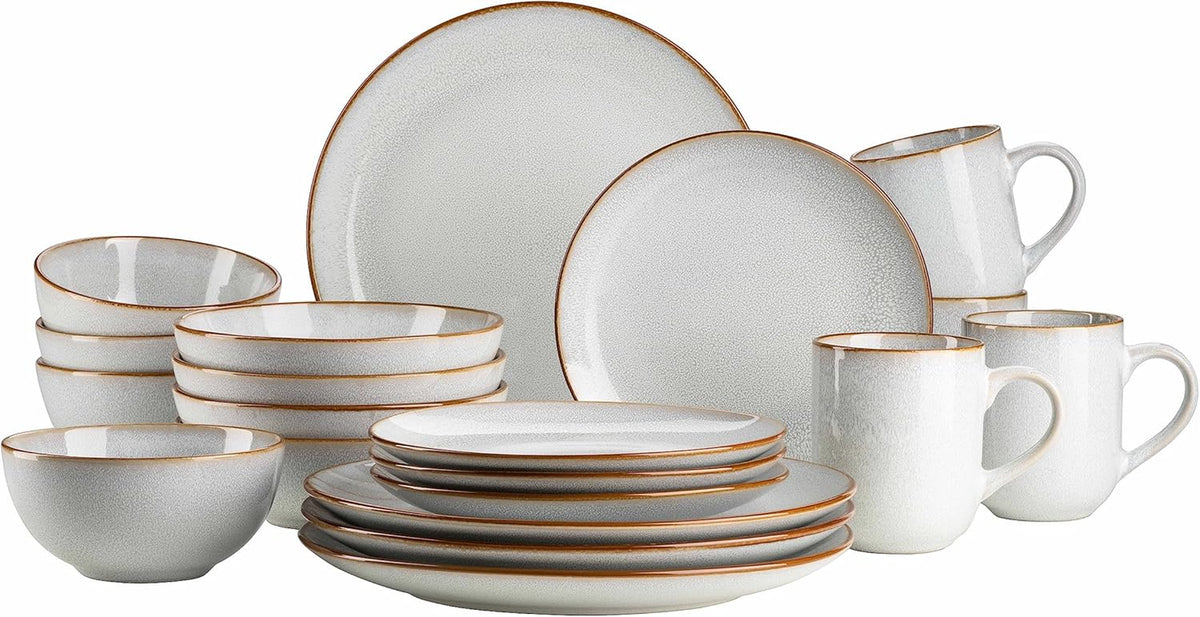 MÄSER Mabella, Set de veselă vintage pentru 4 persoane, Serviciu combinat de 20 de piese cu glazură reactivă rafinată și margine fină maro, Gresie, Gri-Bej