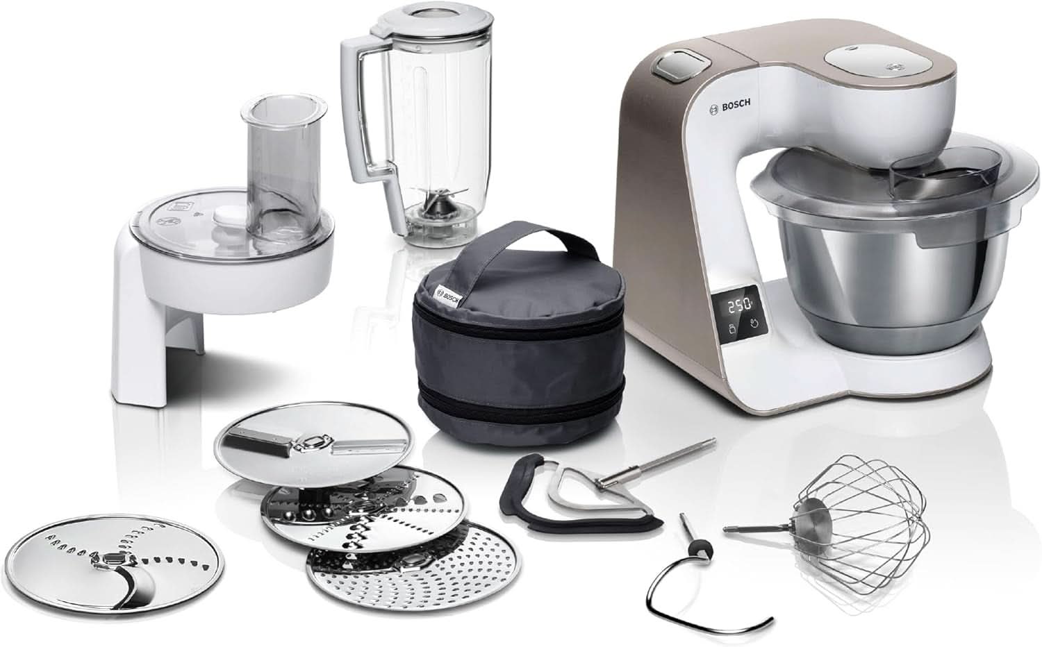 Robot da cucina Bosch Serie 4 MUM5X720, bilancia integrata, ciotola inox 3,9L, mixer 1,25L, 1000W Accessori Alimentazione e Allattamento Bebe Naty Shop Bilancia integrata Bianco 2 accessori